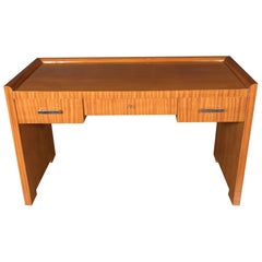 French Art Deco Bookmatched Satinwood Desk with Silvered Pulls by Jean Royère