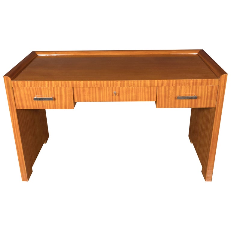 French Art Deco Bookmatched Satinwood Desk With Silvered Pulls By