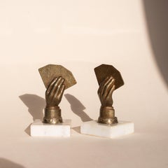 French Art Deco Bookends - Hand Holding Four Aces - Gilt Spelter & Marble 1930s
