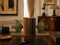 French Art Deco Bookends, Spelter & Glass, Stylized Fish Design, 1930