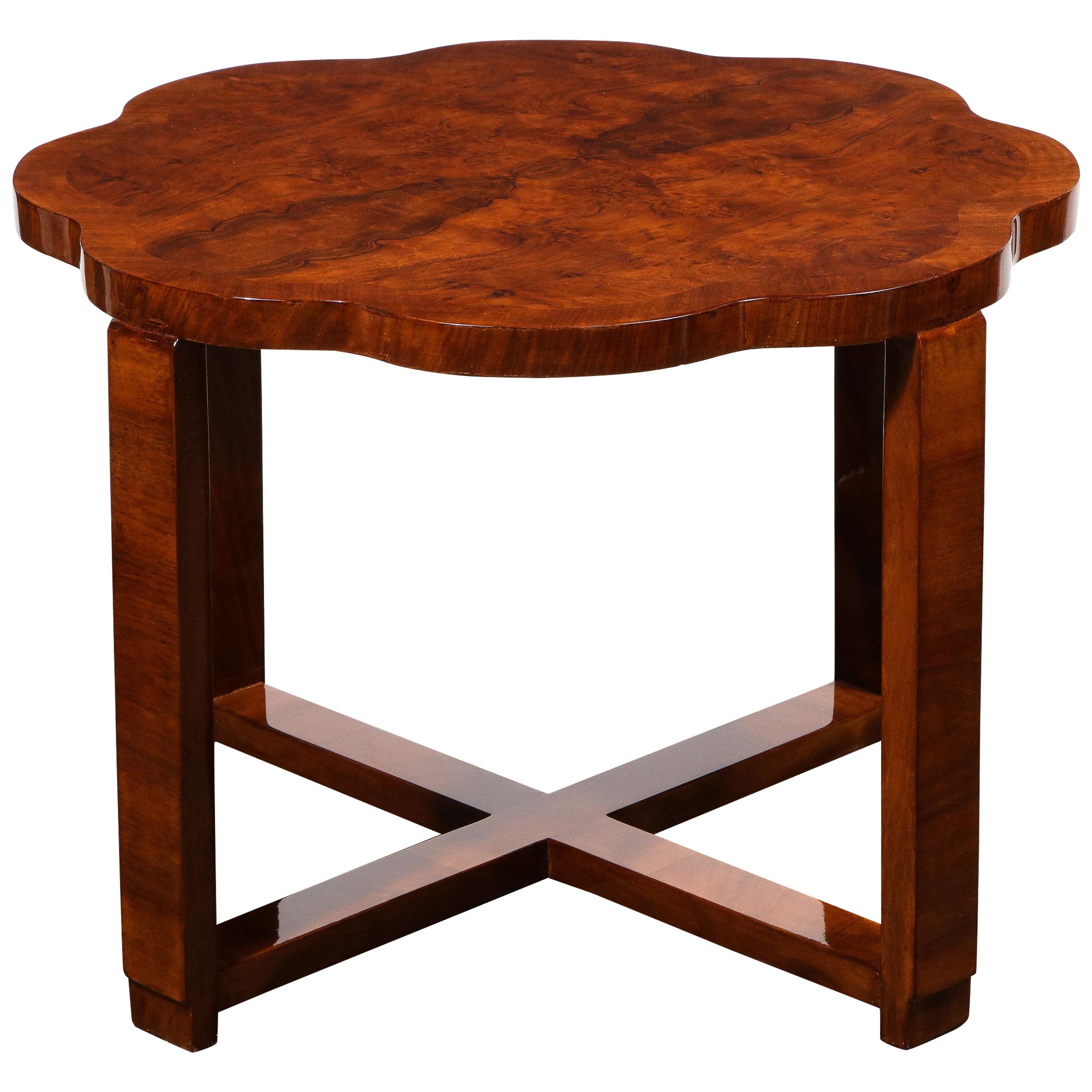 French Art Deco Bookmatched and Burled Walnut "Cloud Style" Guéridon Table