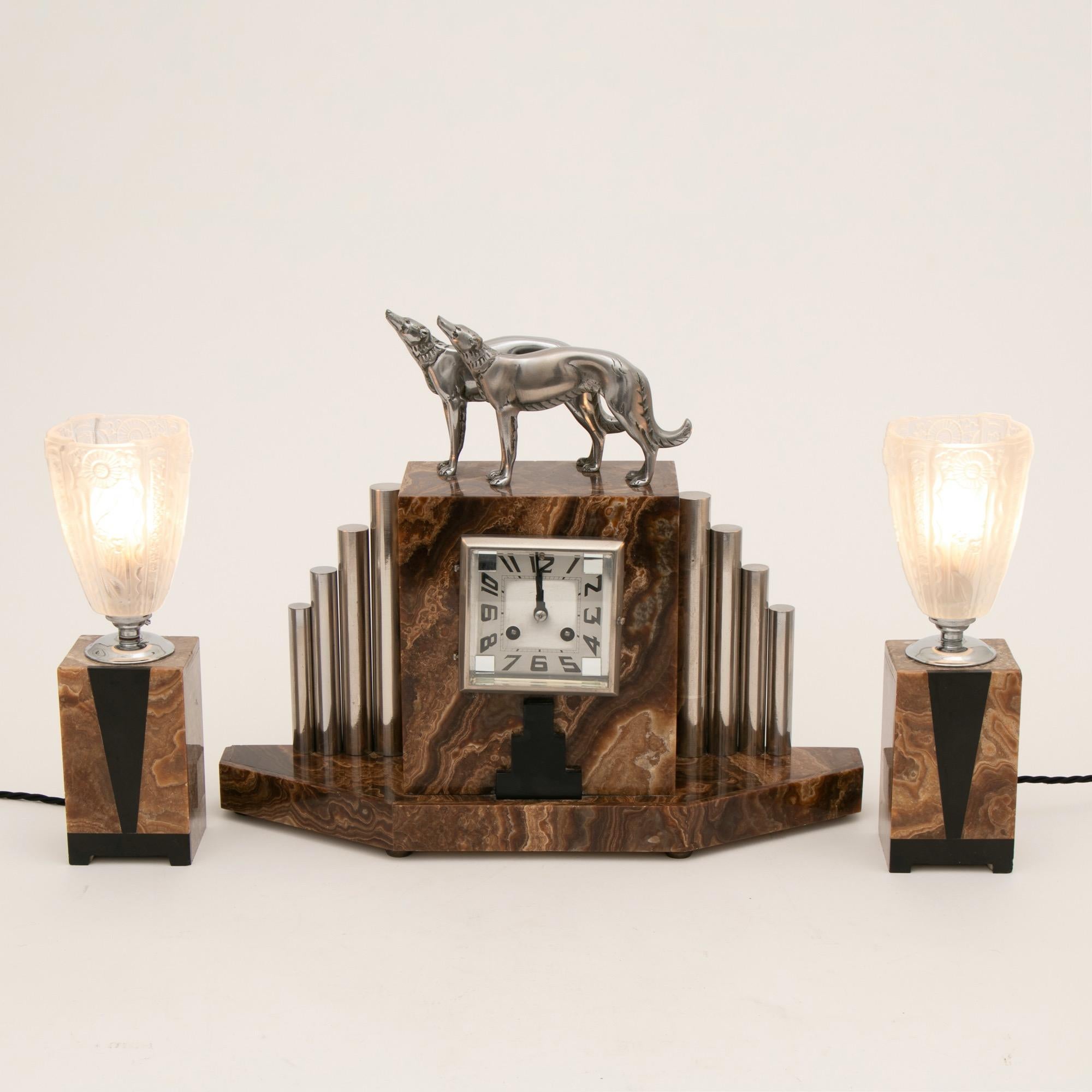 French Art Deco Borzoi Clock by Michel Decoux In Good Condition For Sale In London, GB