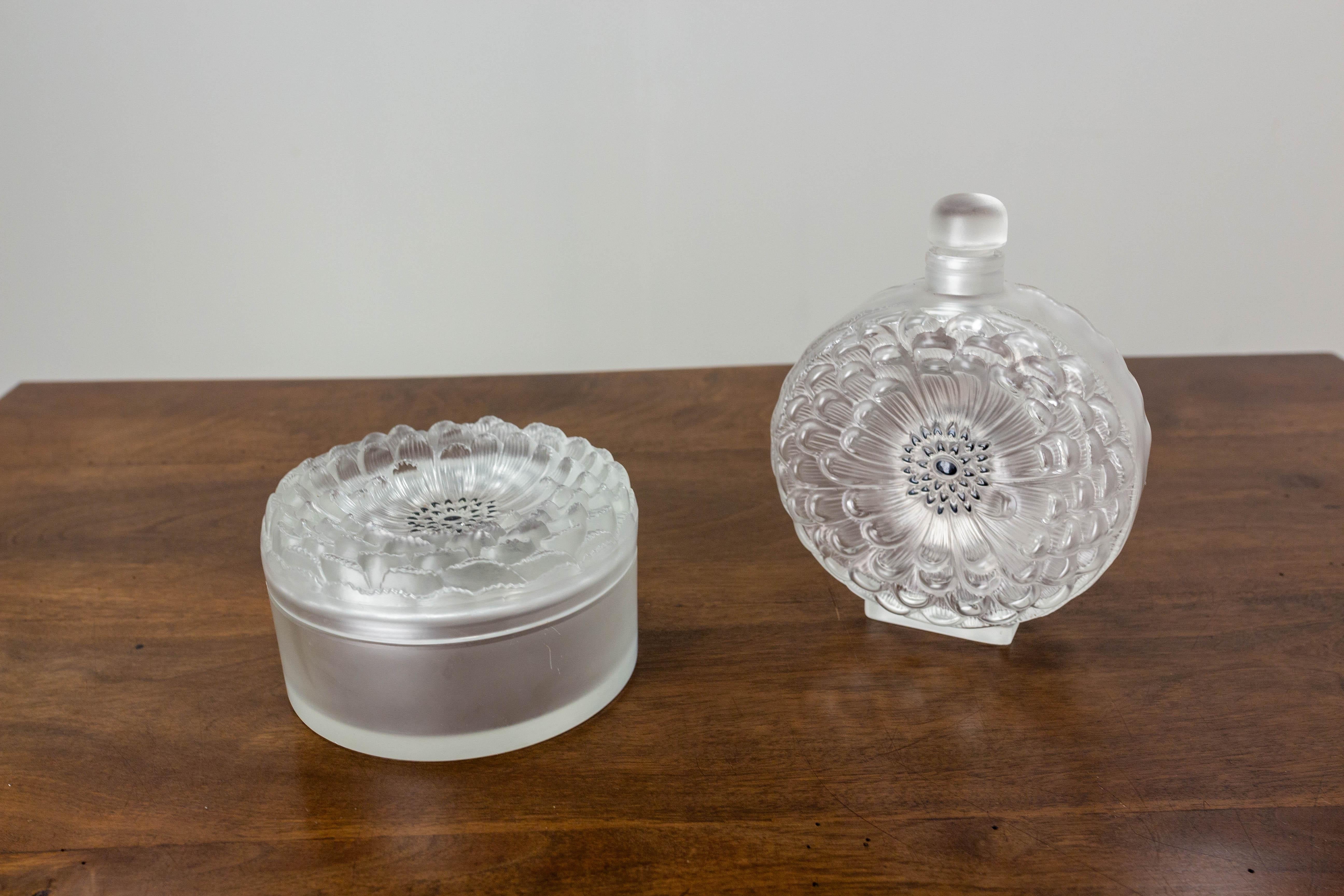 Mid-20th Century French Art Deco Bottle and Powder Box from Lalique France, Mid-Century For Sale