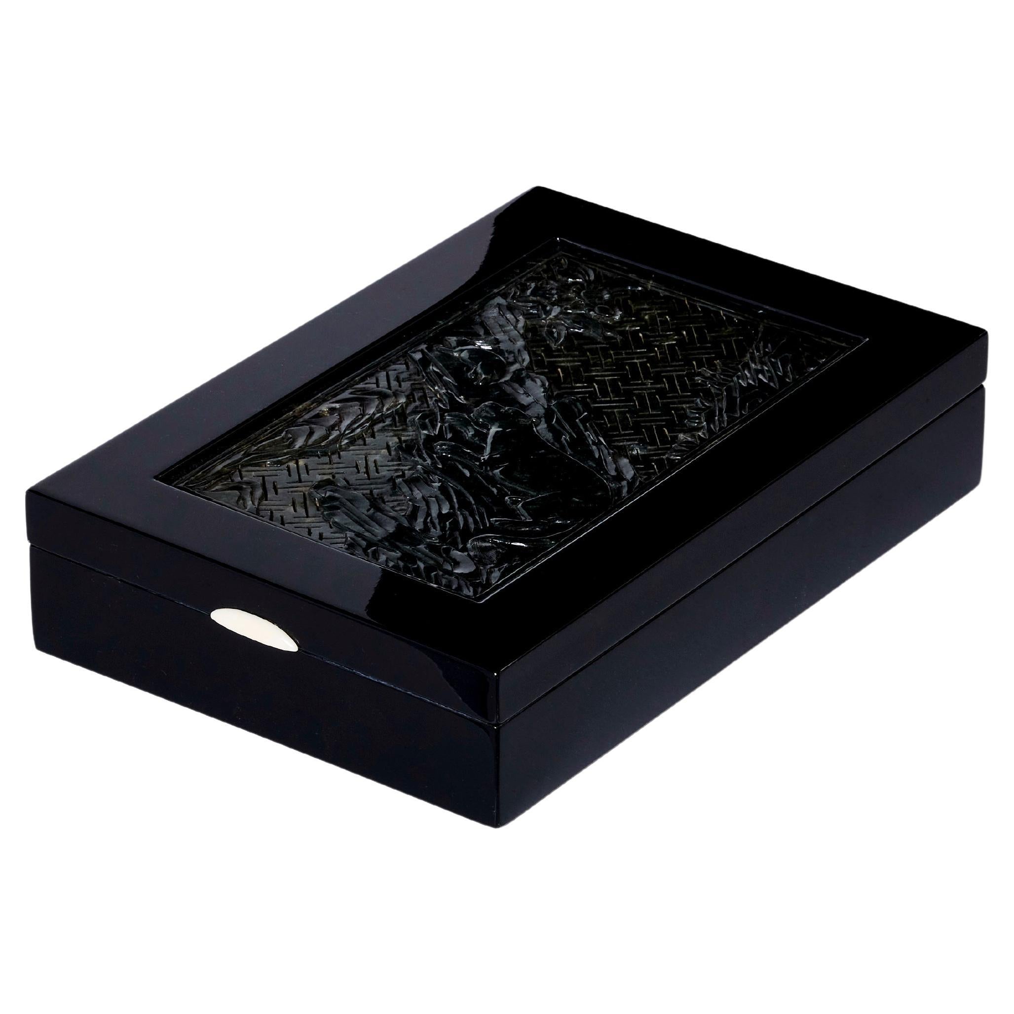 French Art Deco Box Black Lacquer Carved Jade Stone, 1930 For Sale