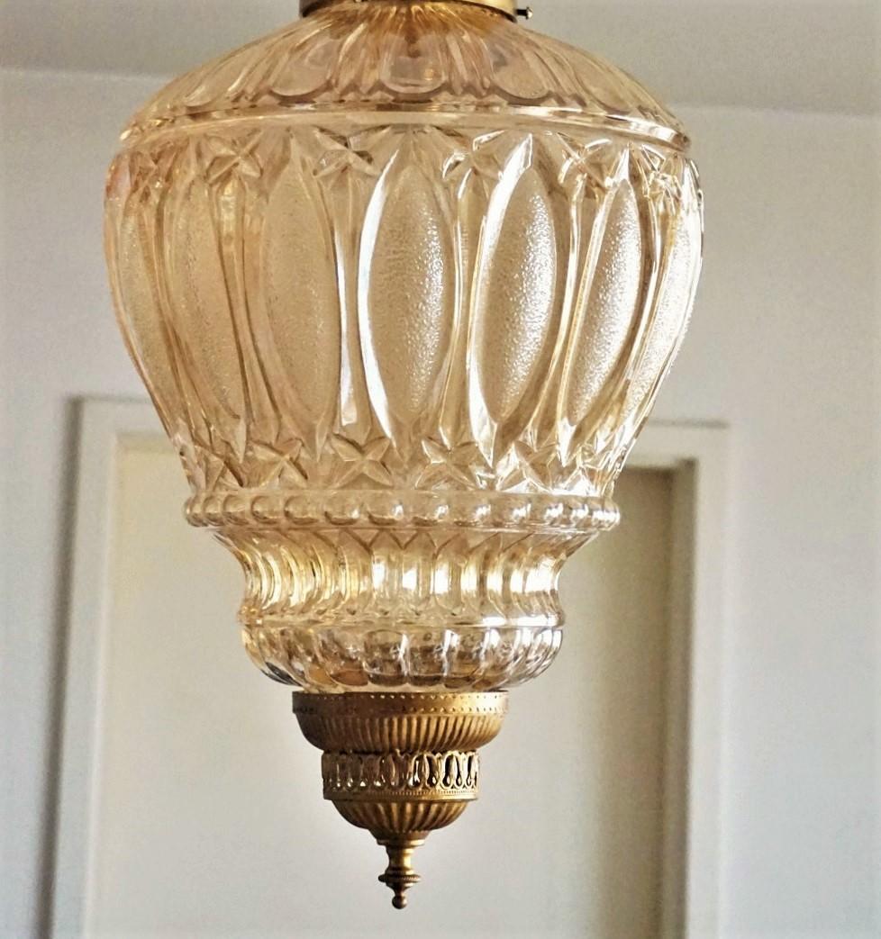 20th Century French Art Deco High Relief Art Glass Lantern, Chandelier, 1930s