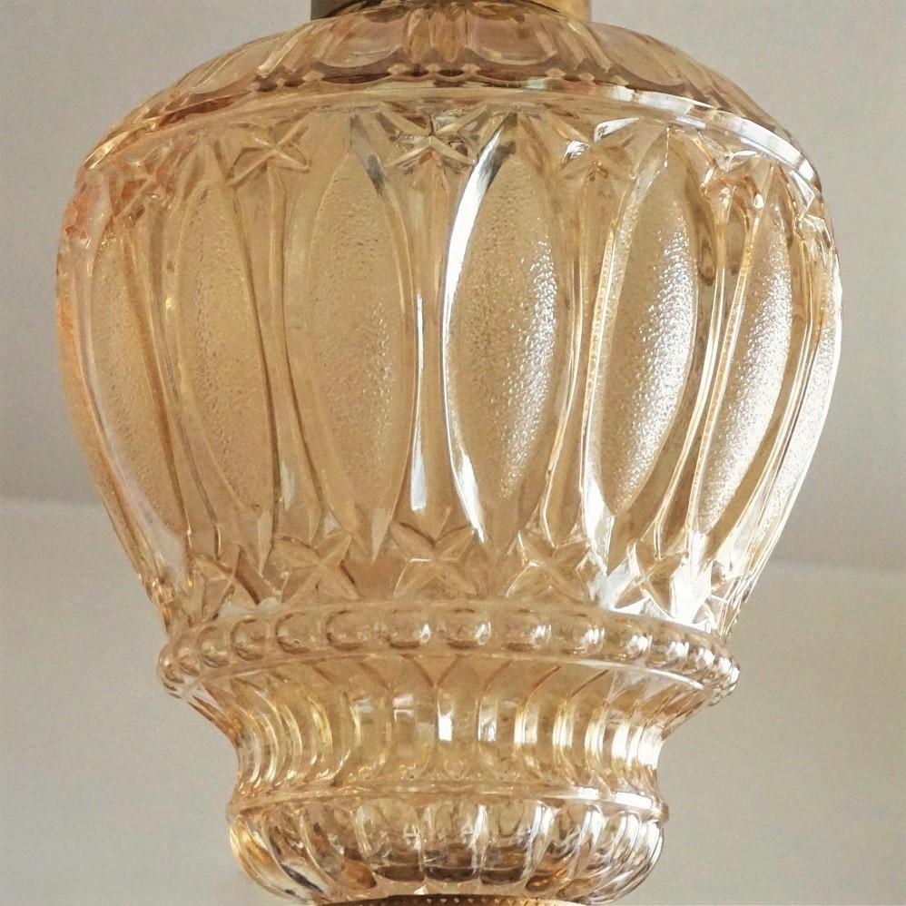 Brass French Art Deco High Relief Art Glass Lantern, Chandelier, 1930s