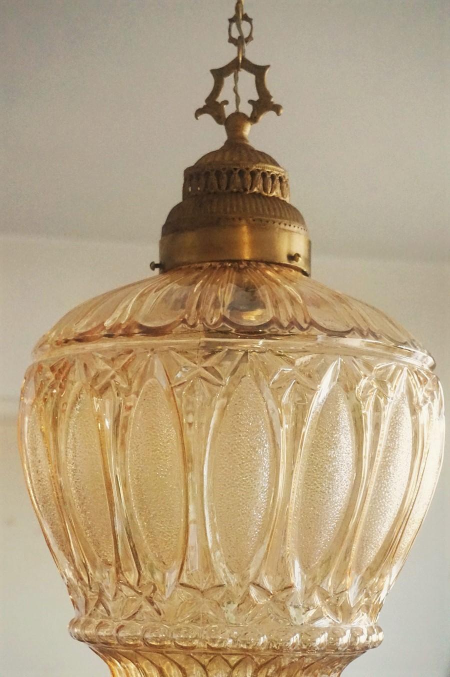 French Art Deco High Relief Art Glass Lantern, Chandelier, 1930s 2