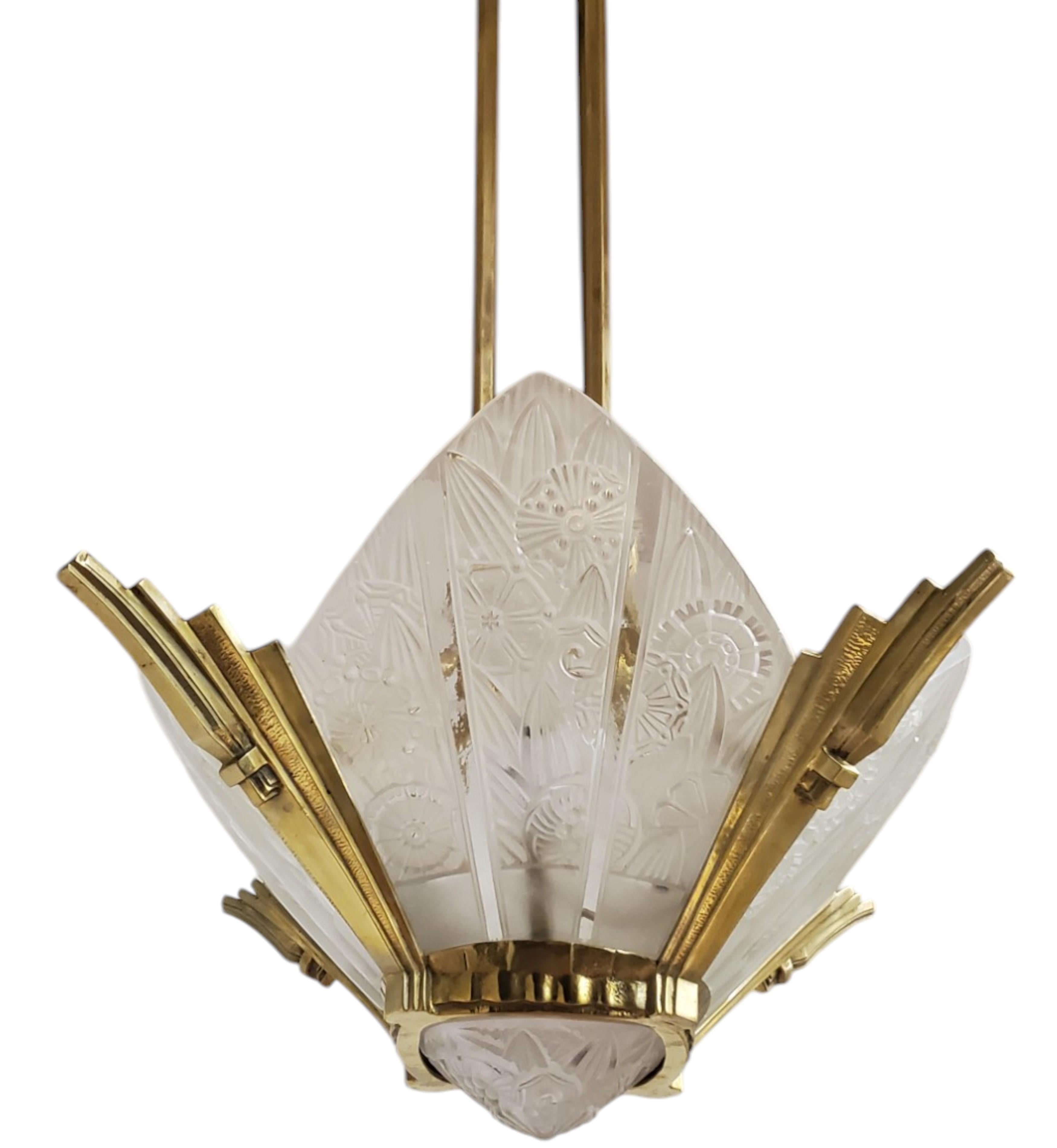 French Art Deco brass and art glass original Chandelier Signed Hettier Vincent For Sale 6