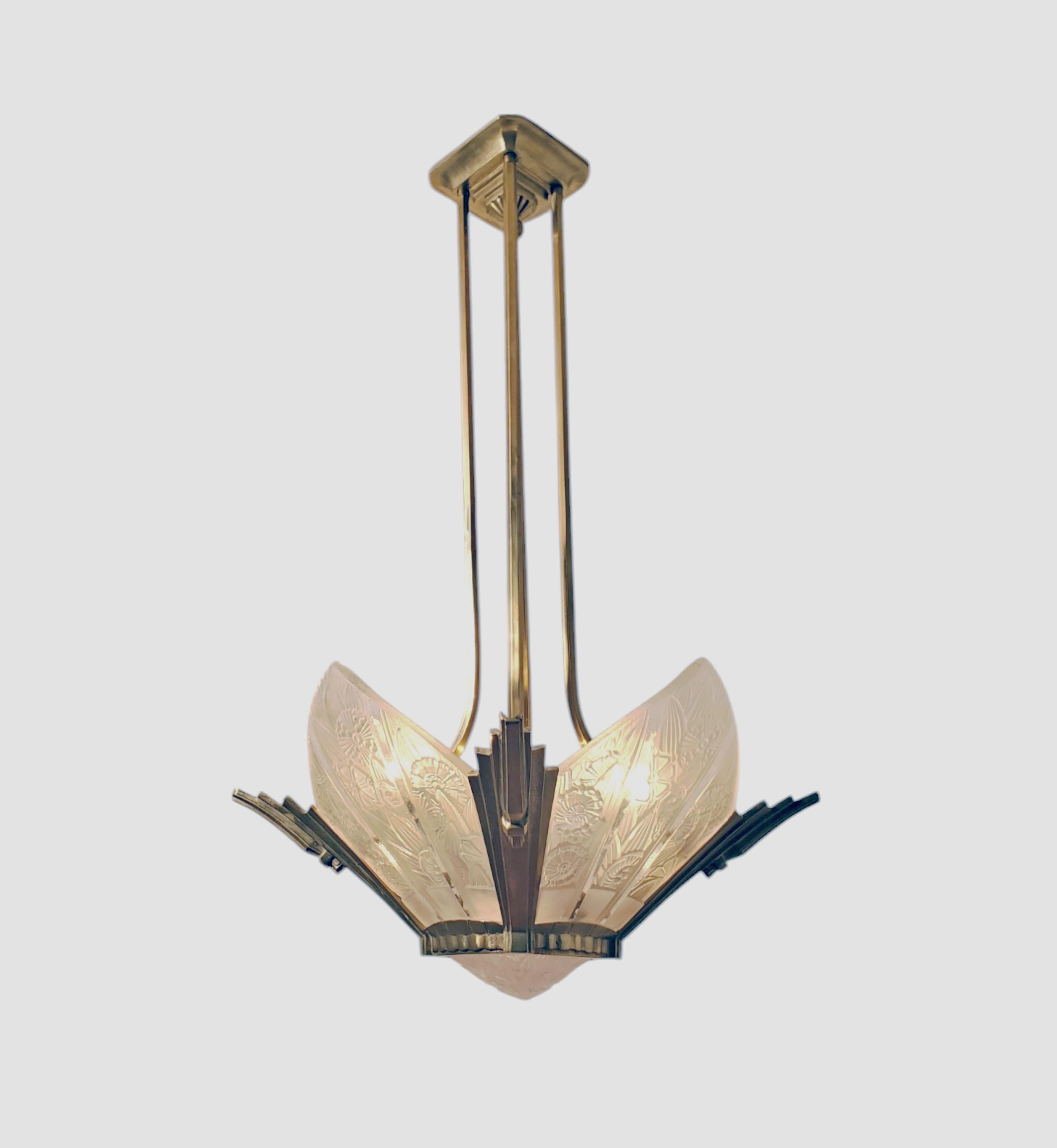 French Art Deco brass and art glass original Chandelier Signed Hettier Vincent For Sale 7