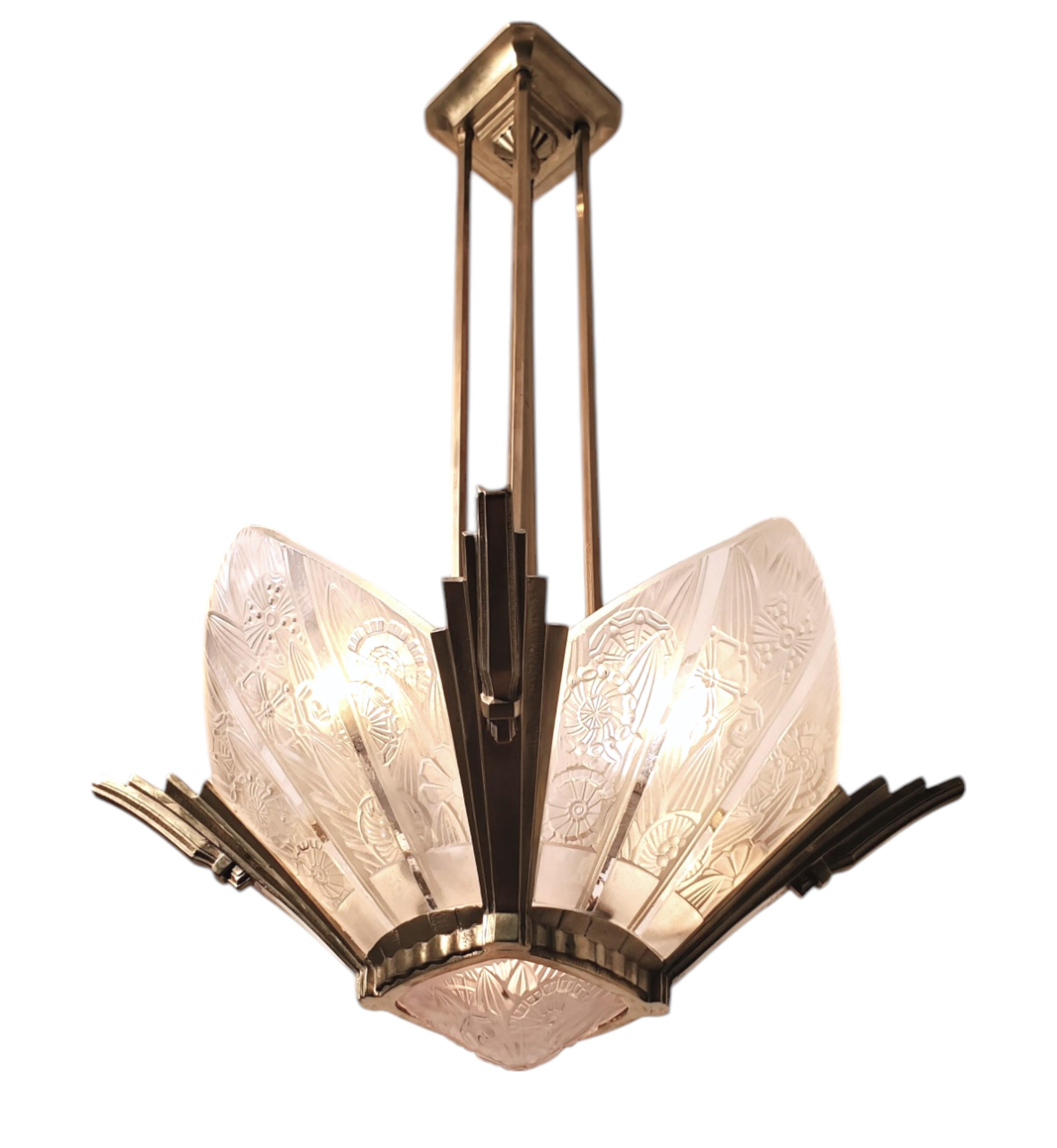 French Art Deco brass and art glass original Chandelier Signed Hettier Vincent For Sale 8