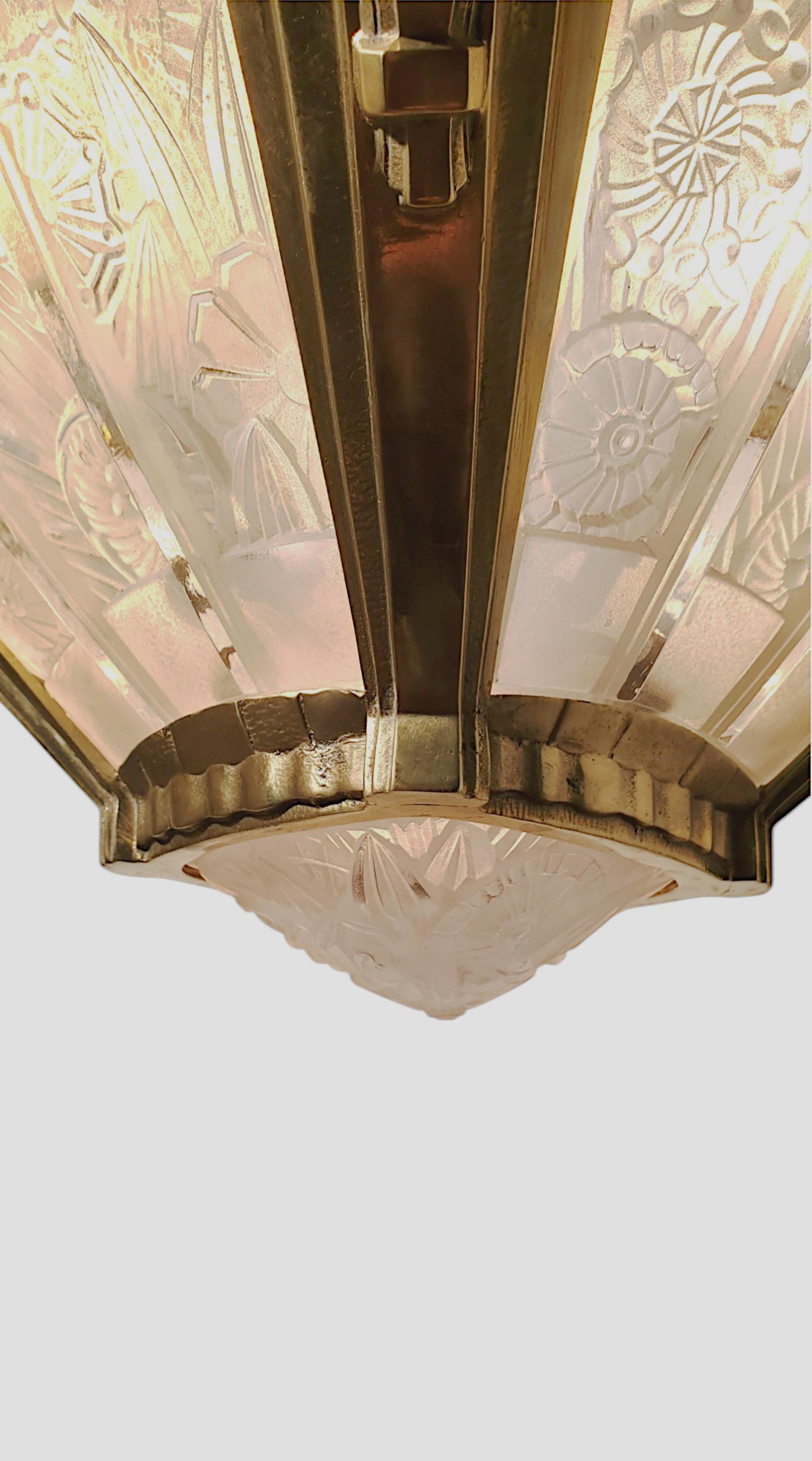 French Art Deco brass and art glass original Chandelier Signed Hettier Vincent For Sale 9