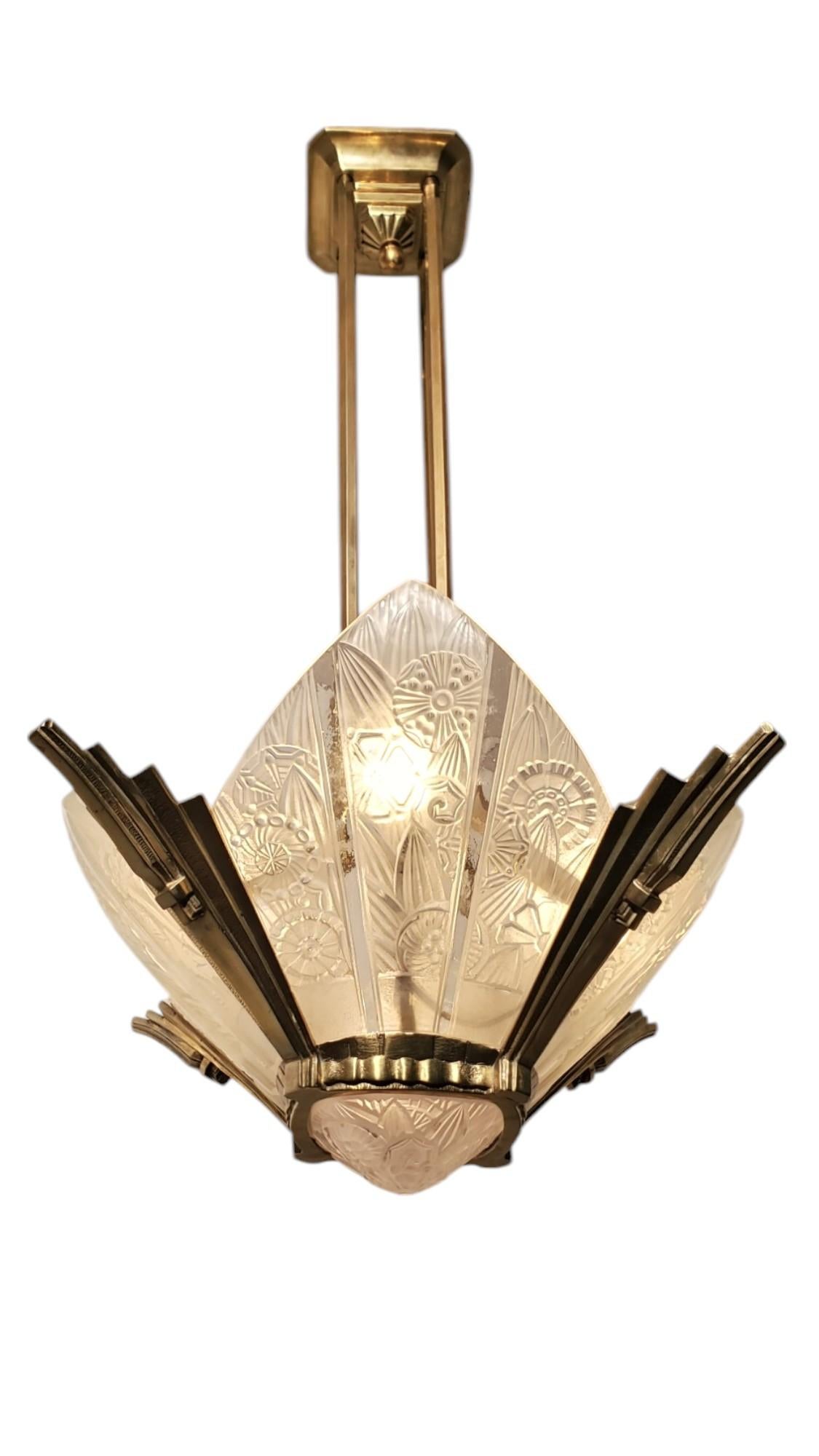 French Art Deco brass and art glass original Chandelier Signed Hettier Vincent For Sale 10