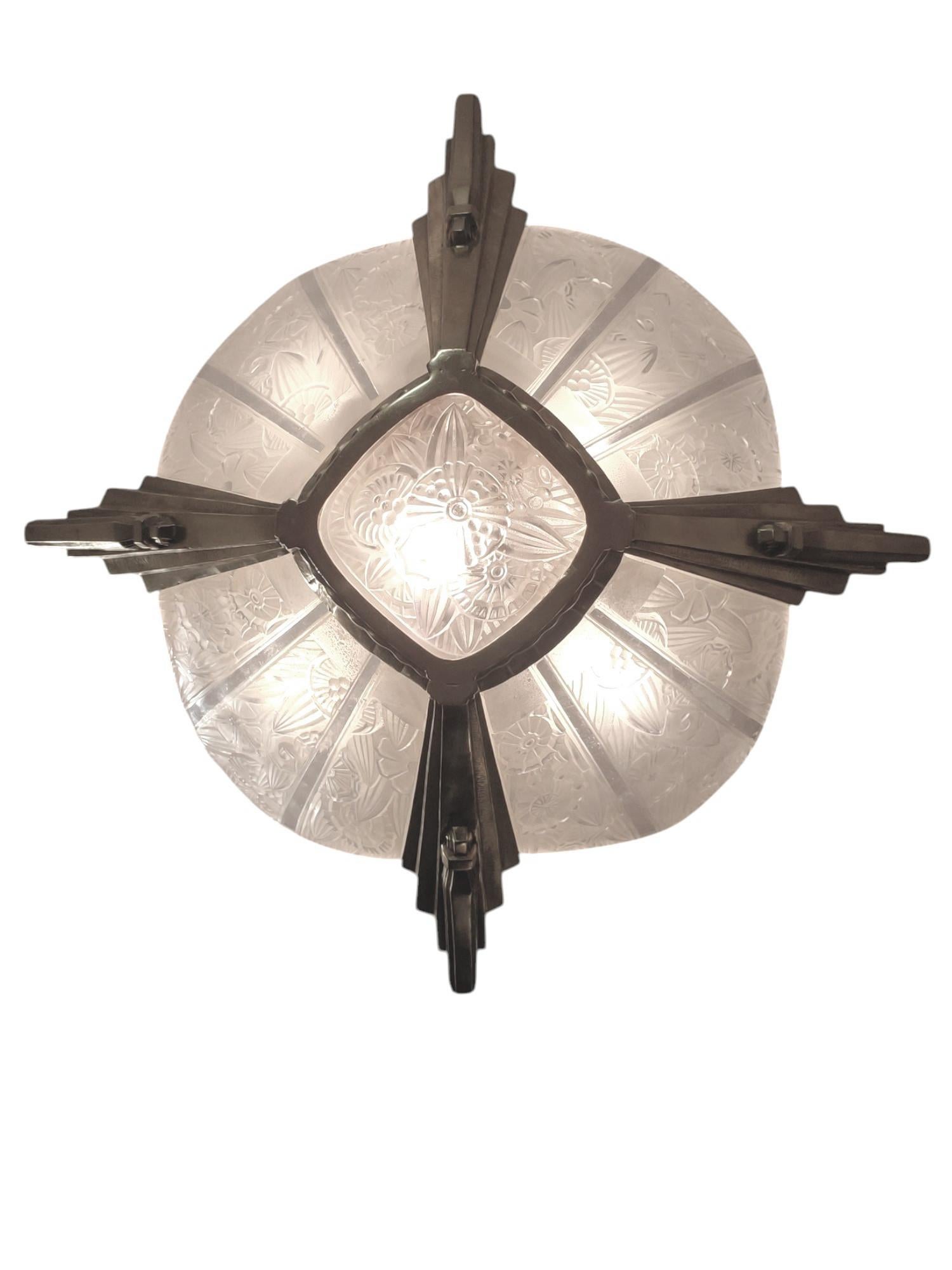 French Art Deco brass and art glass original Chandelier Signed Hettier Vincent For Sale 11