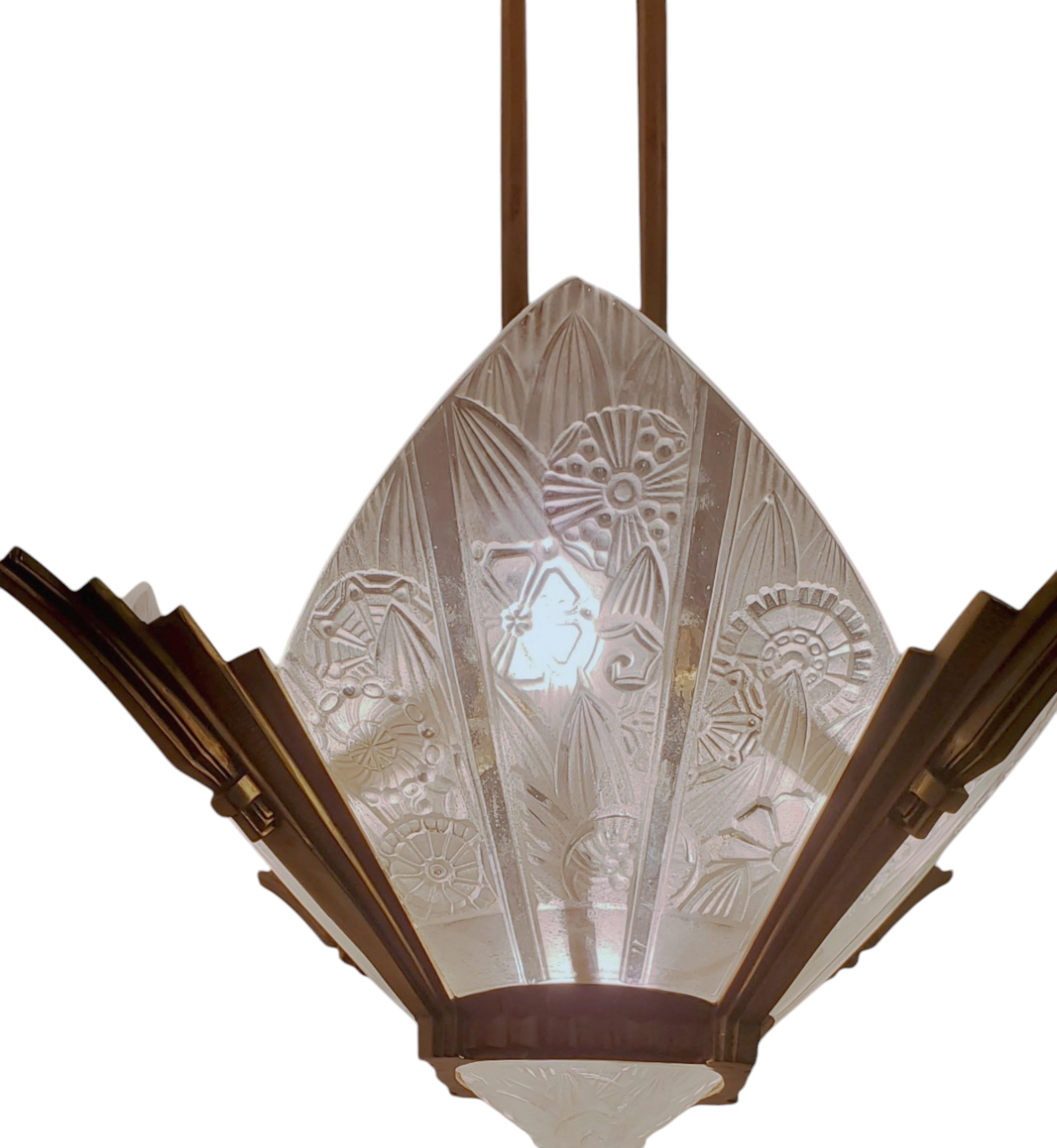 French Art Deco brass and art glass original Chandelier Signed Hettier Vincent For Sale 12
