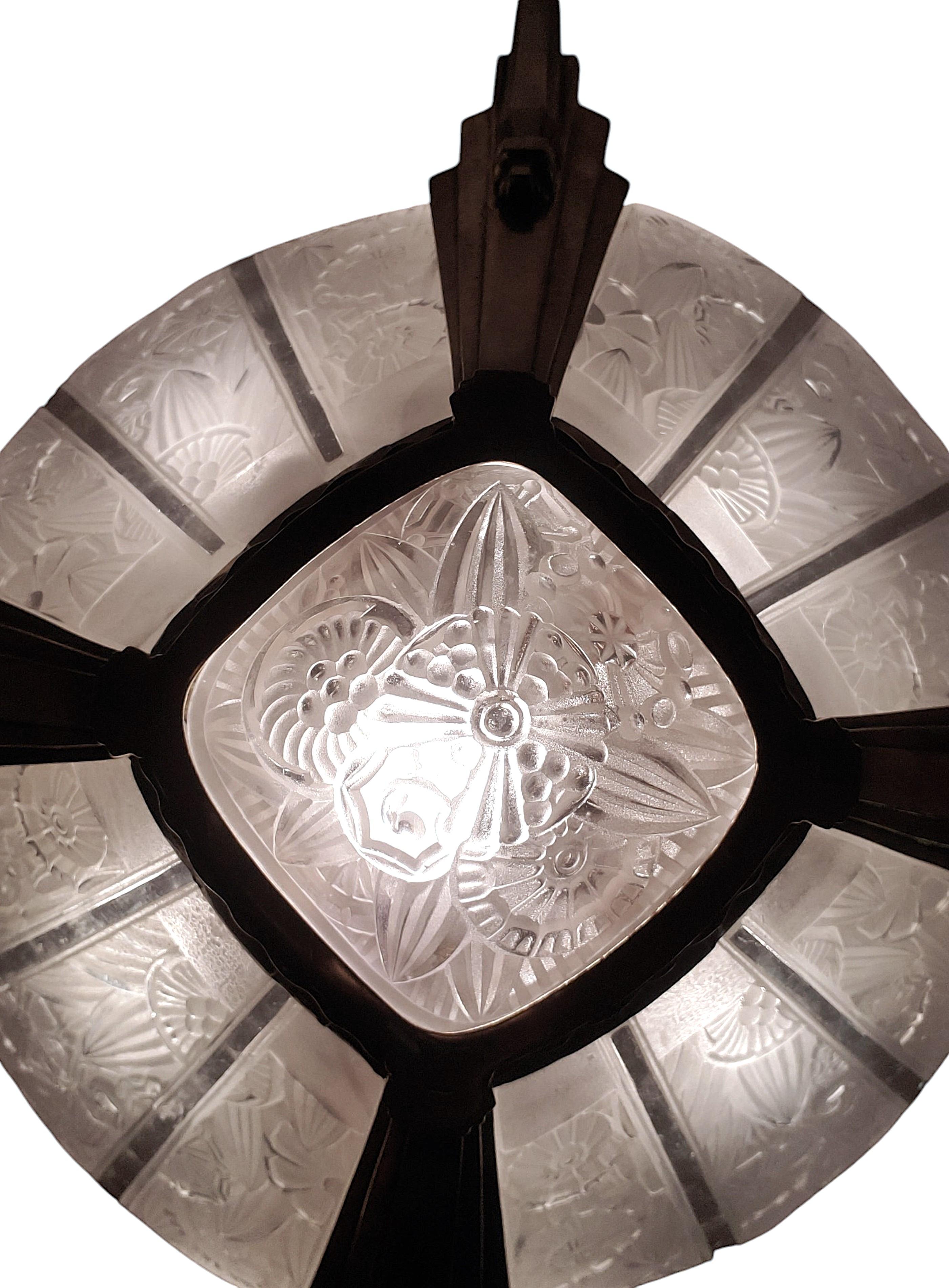 French Art Deco brass and art glass original Chandelier Signed Hettier Vincent For Sale 13