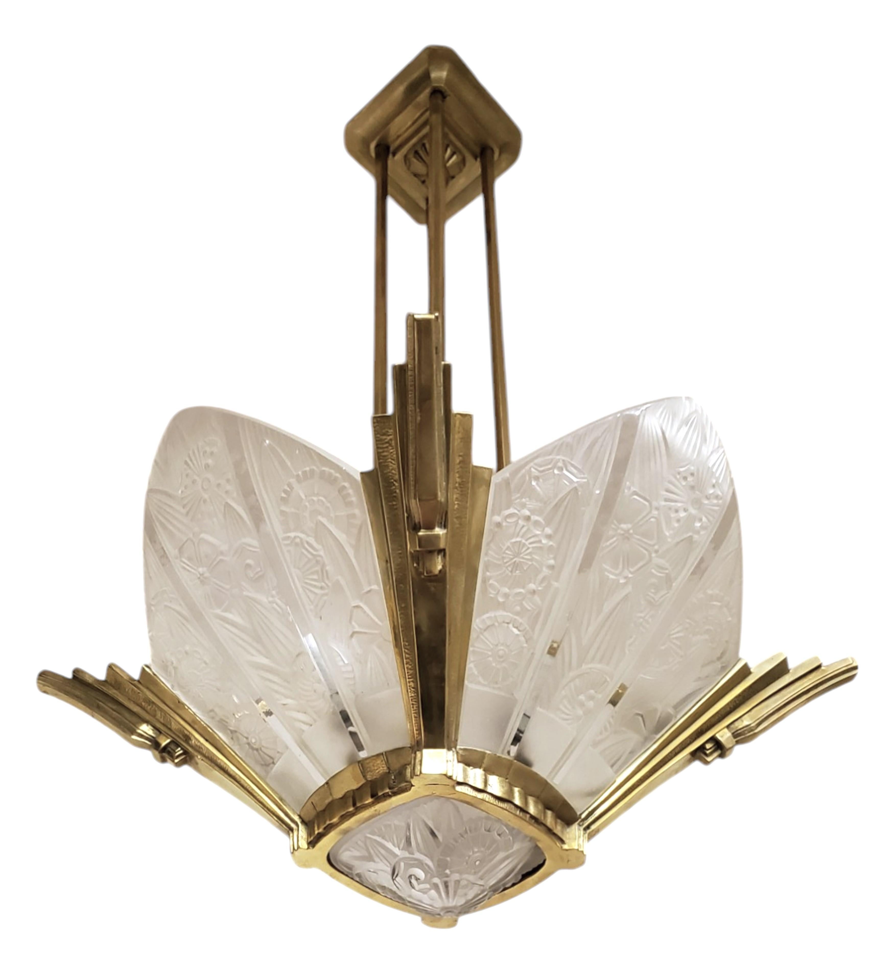 French Art Deco brass and art glass original Chandelier Signed Hettier Vincent For Sale 14