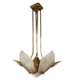 French Art Deco brass and art glass original Chandelier Signed Hettier Vincent