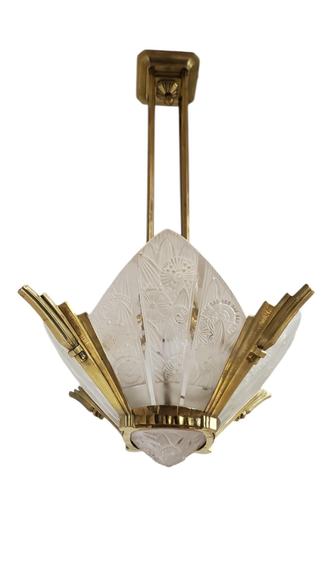 French Art Deco brass and art glass original Chandelier Signed Hettier Vincent For Sale 15