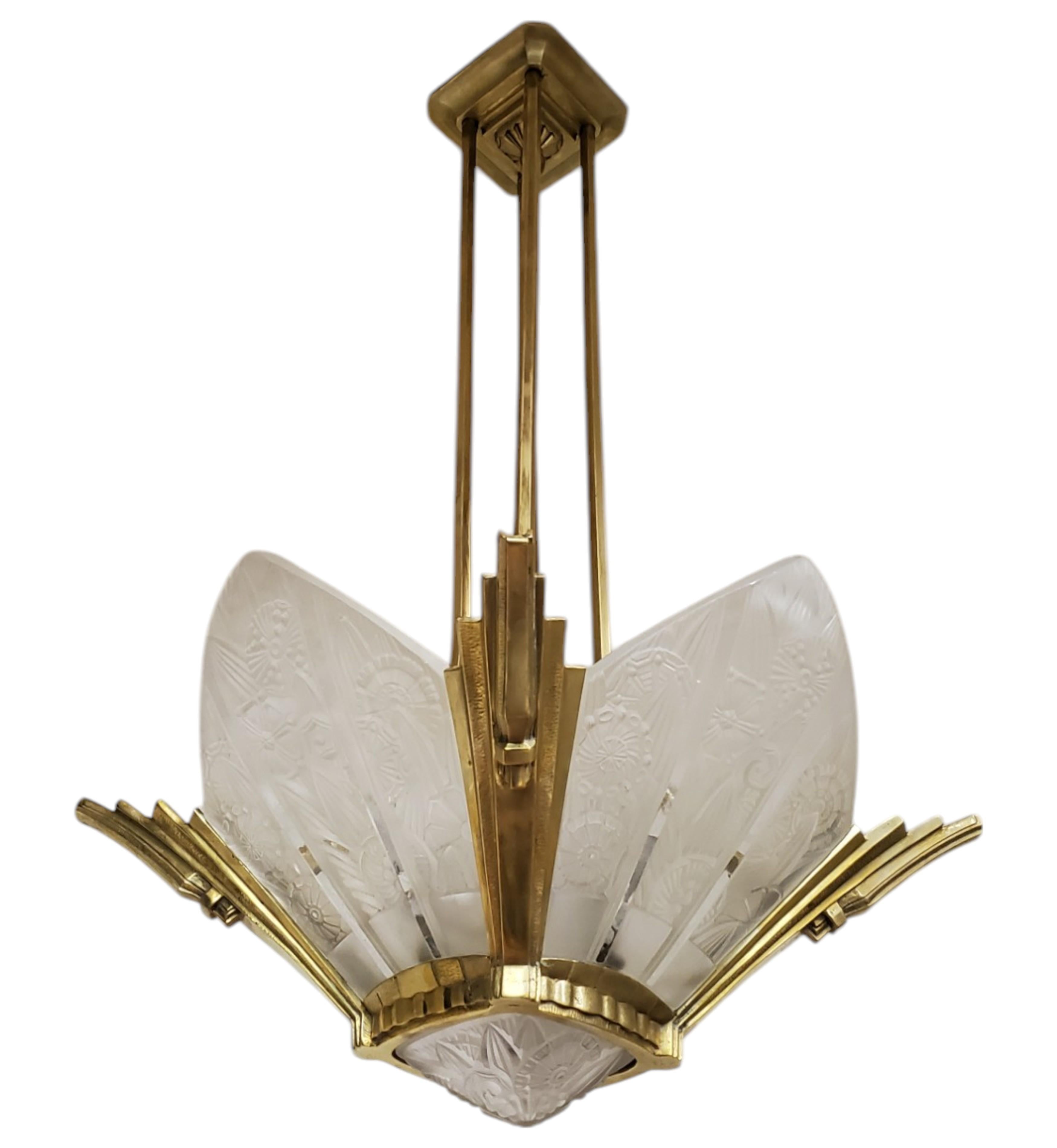 French Art Deco brass and art glass original Chandelier Signed Hettier Vincent In Good Condition For Sale In New York City, NY