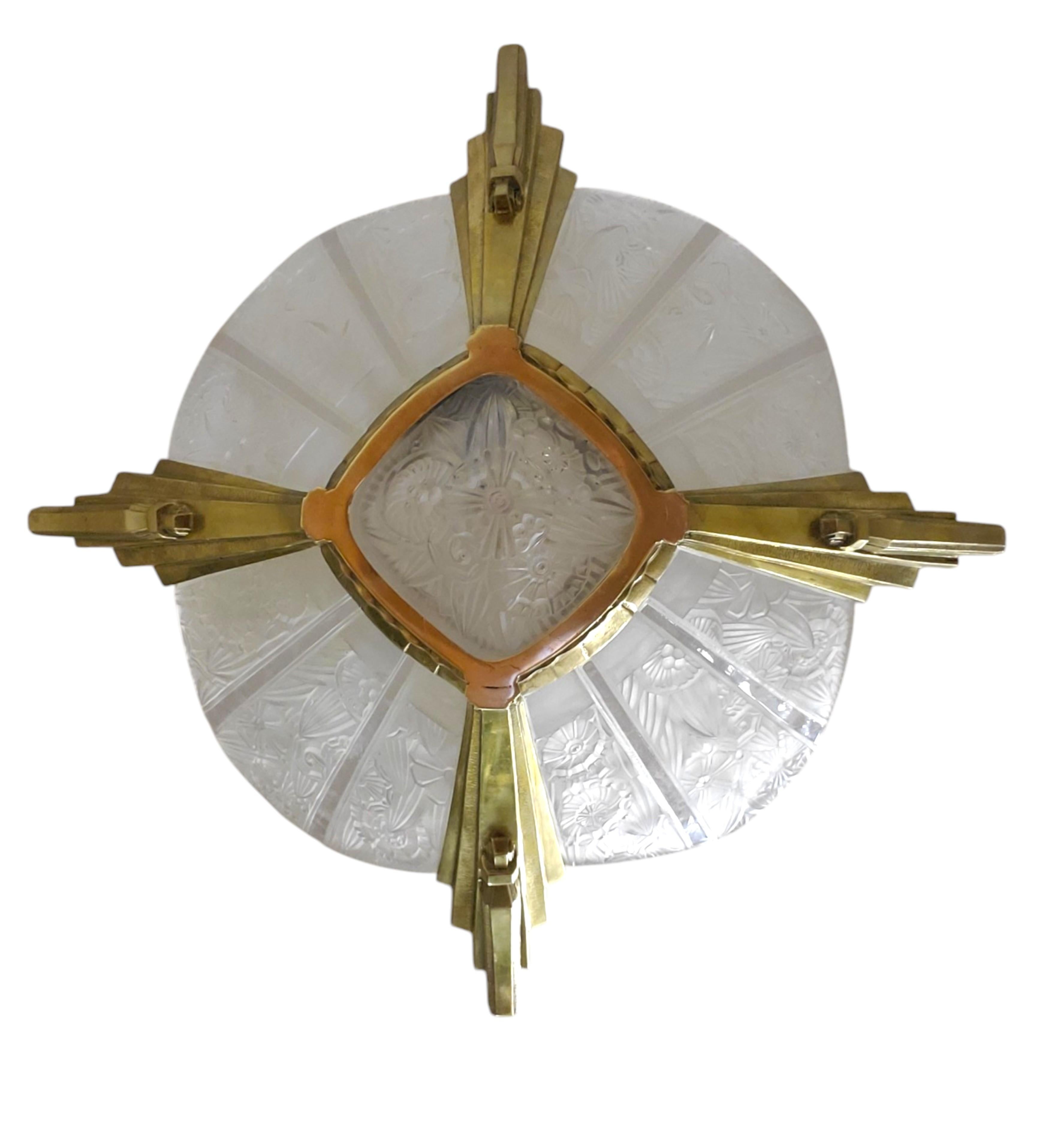 20th Century French Art Deco brass and art glass original Chandelier Signed Hettier Vincent For Sale