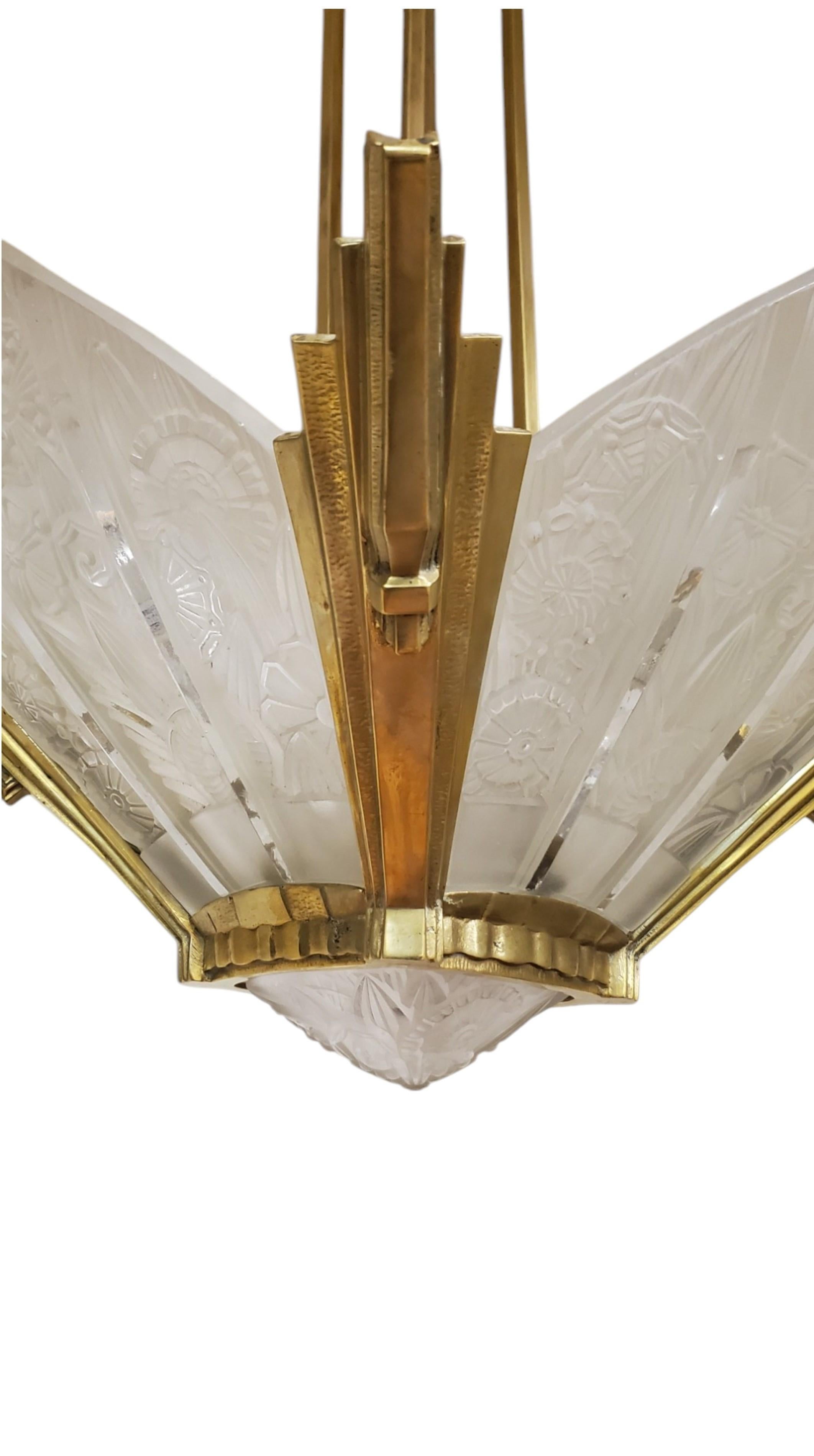 Bronze French Art Deco brass and art glass original Chandelier Signed Hettier Vincent For Sale