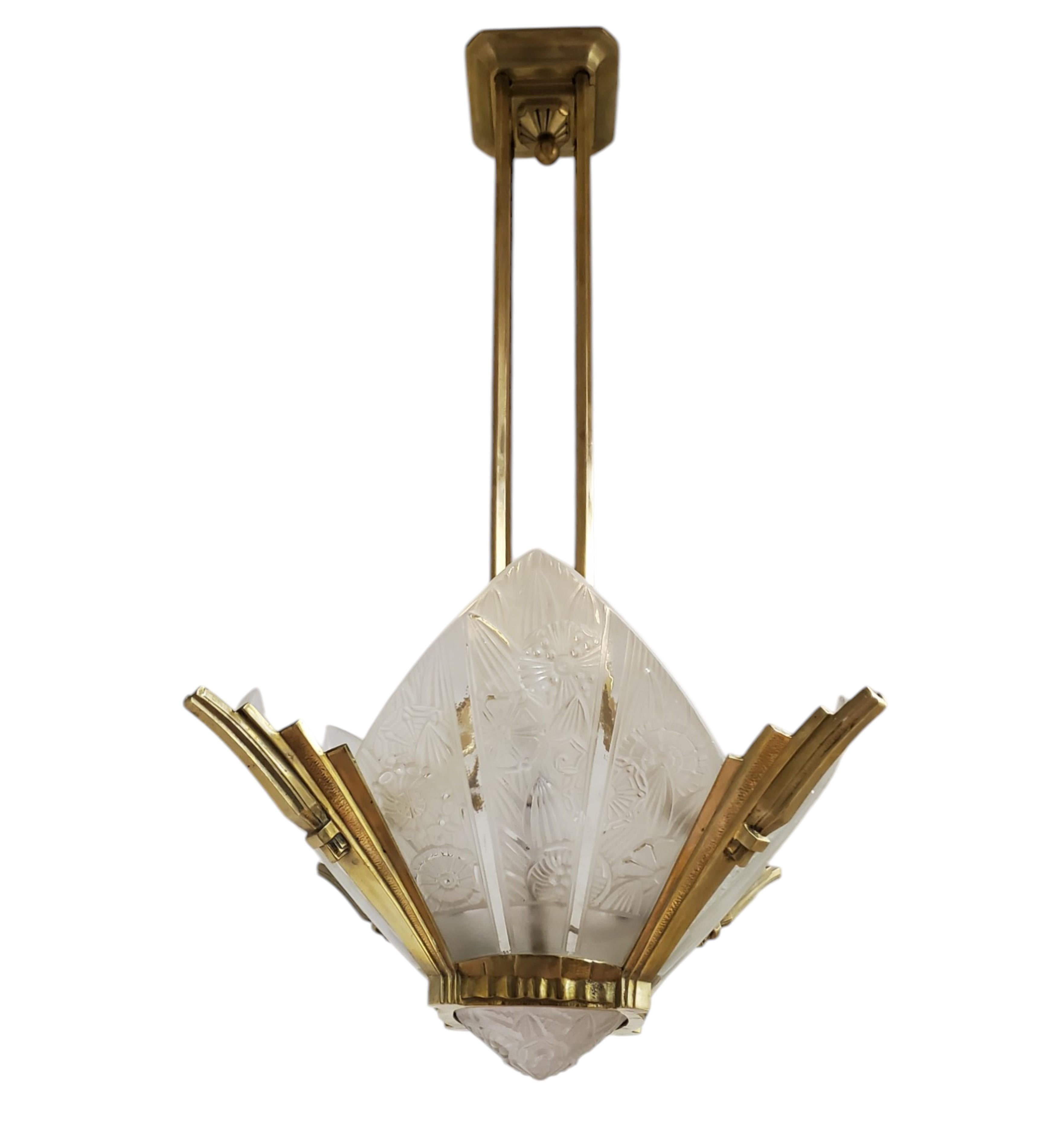 French Art Deco brass and art glass original Chandelier Signed Hettier Vincent For Sale 1