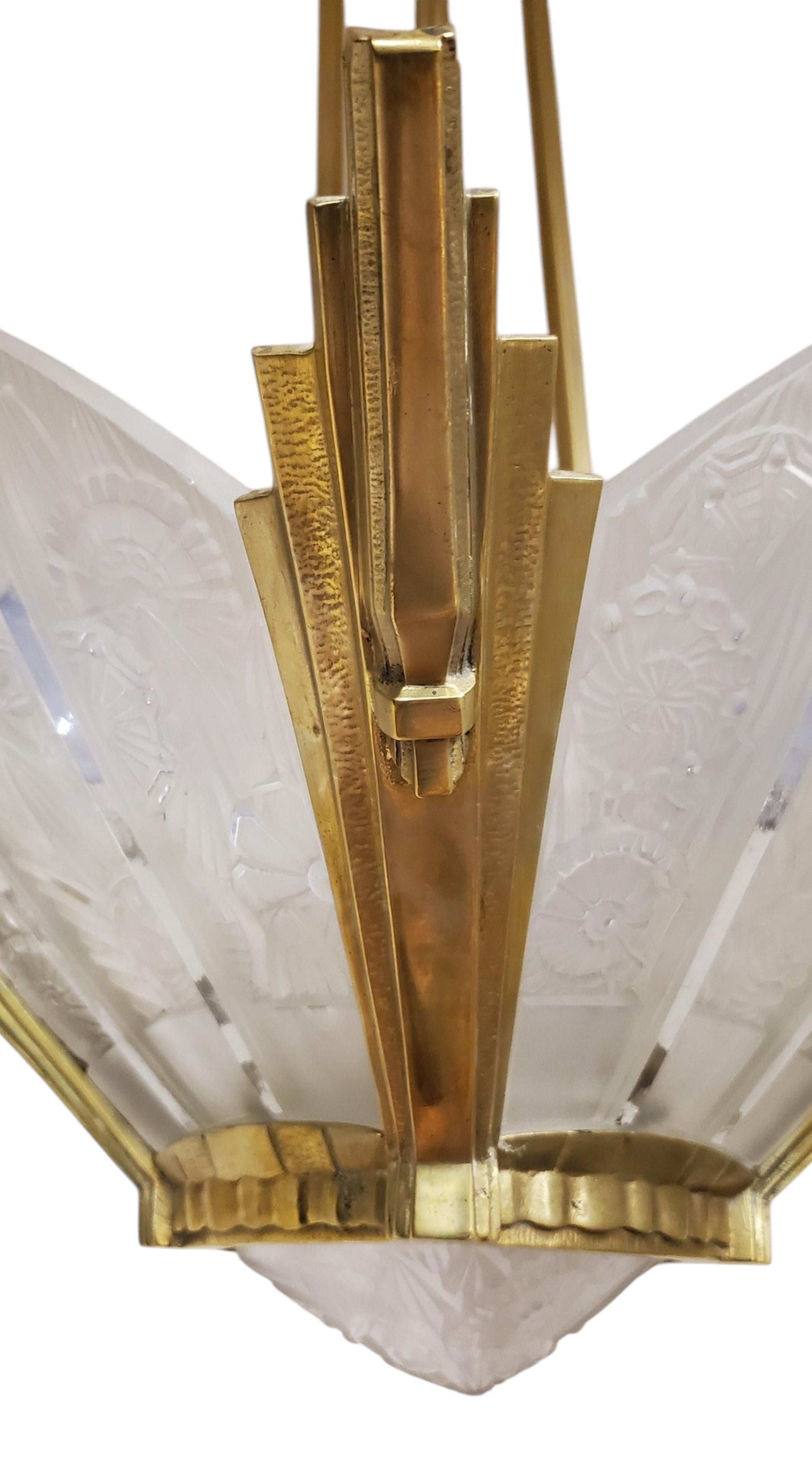 French Art Deco brass and art glass original Chandelier Signed Hettier Vincent For Sale 3