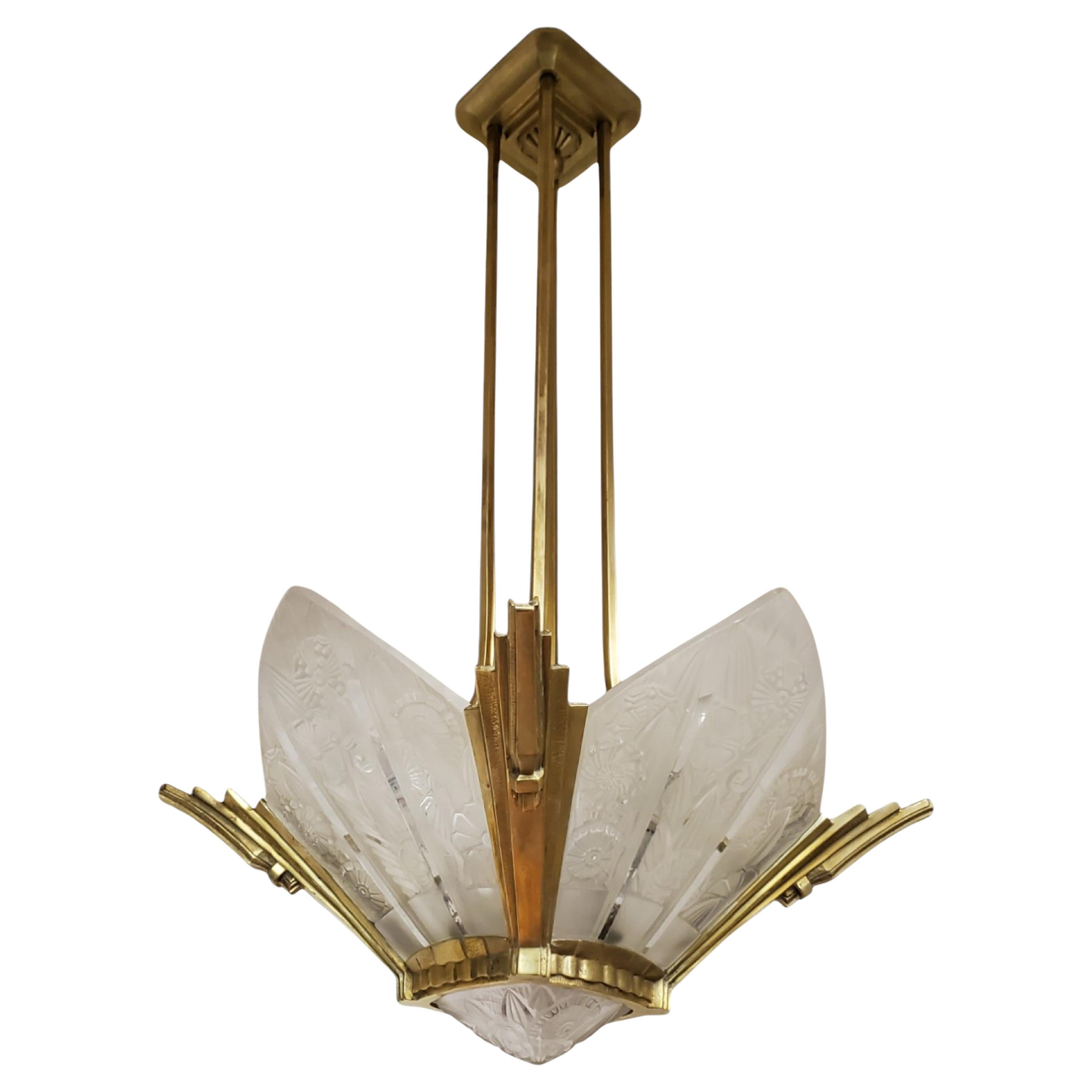 French Art Deco brass and art glass original Chandelier Signed Hettier Vincent For Sale