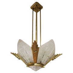 French Art Deco brass and art glass original Chandelier Signed Hettier Vincent