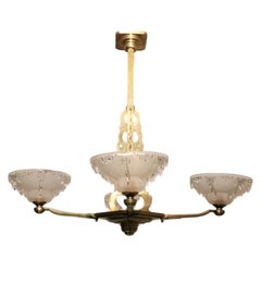 French Art Deco brass and art glass waterfall chandelier - Ezan
