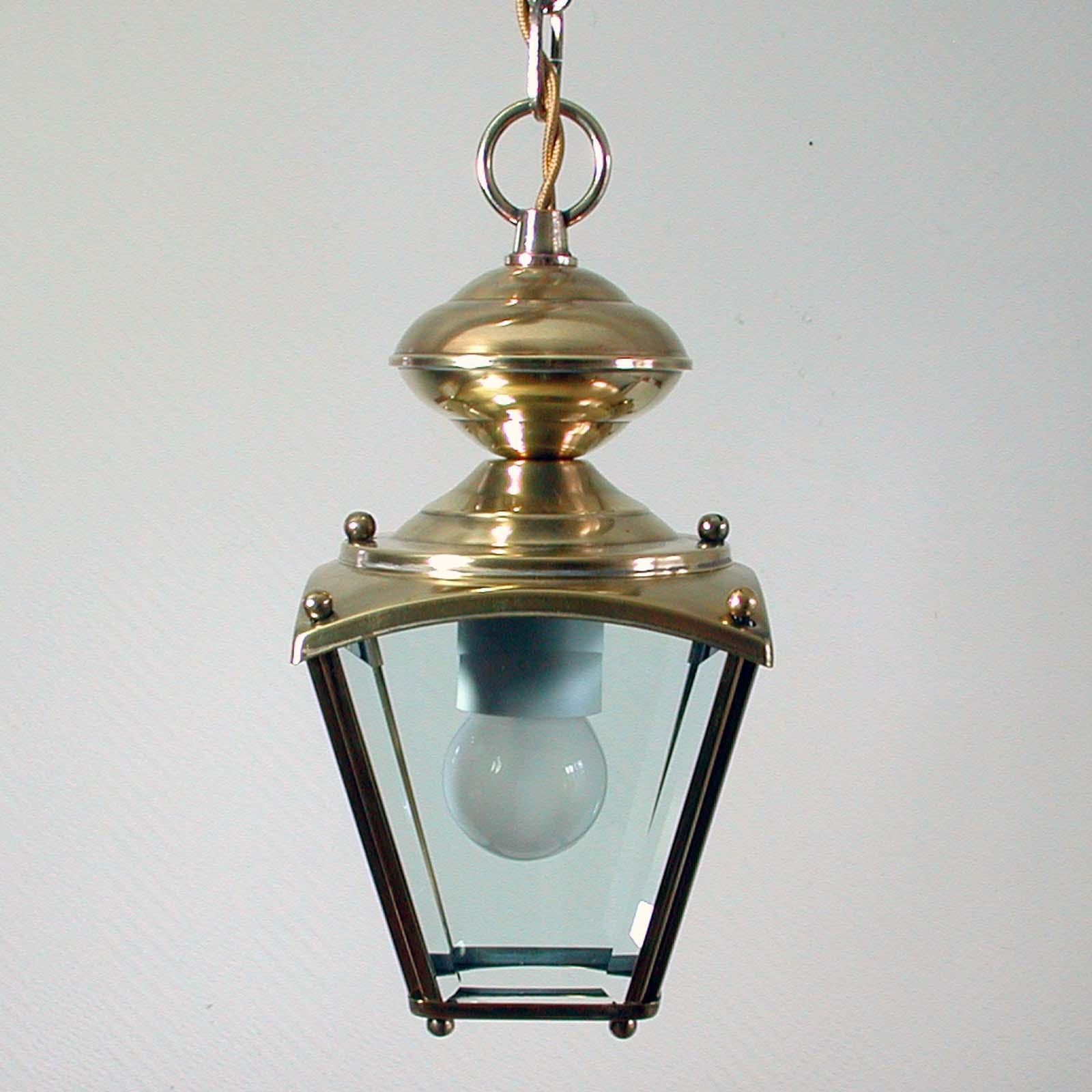 French Art Deco Brass and Bevelled Glass Lantern Pendant, Set of 2, 1930s 5