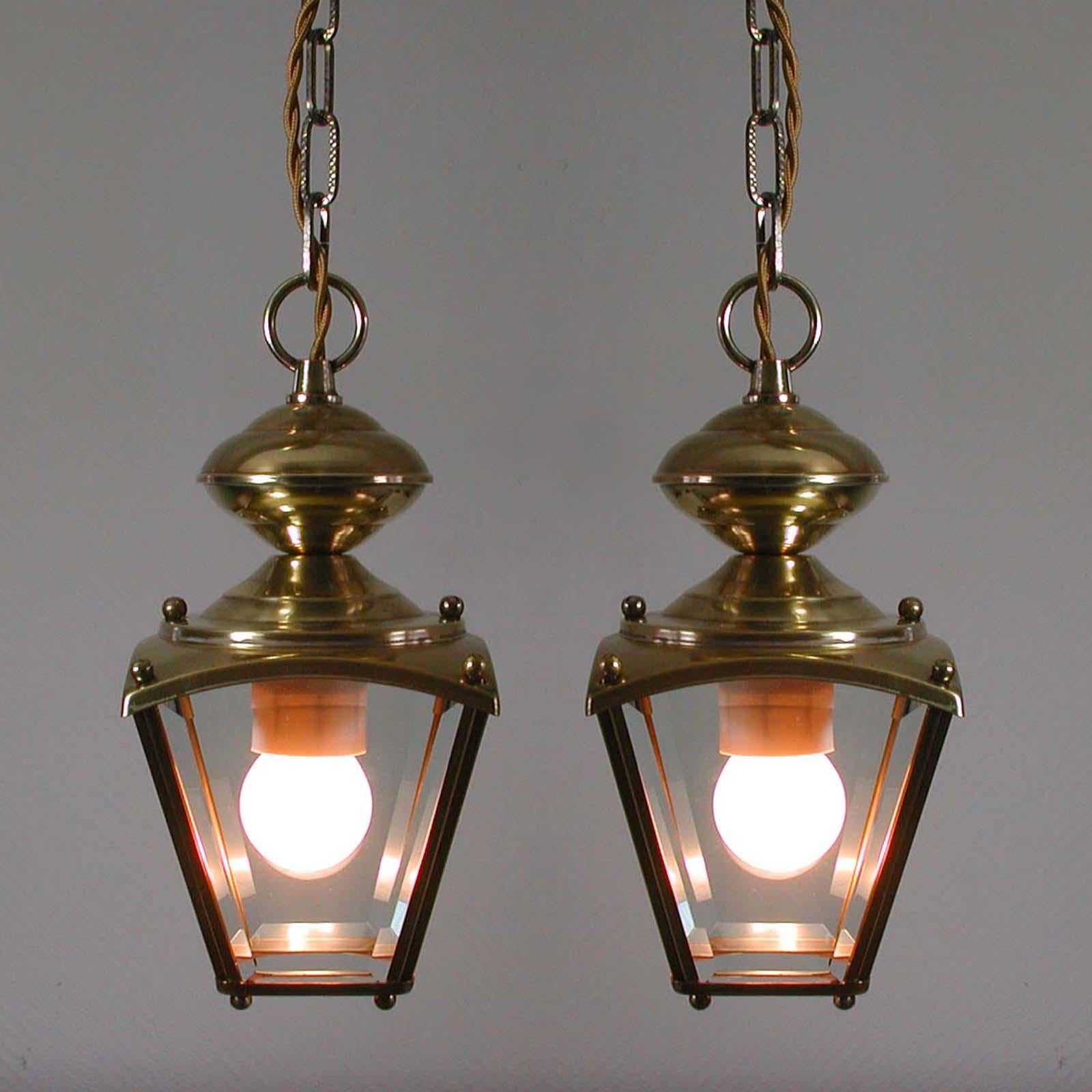 French Art Deco Brass and Bevelled Glass Lantern Pendant, Set of 2, 1930s 6