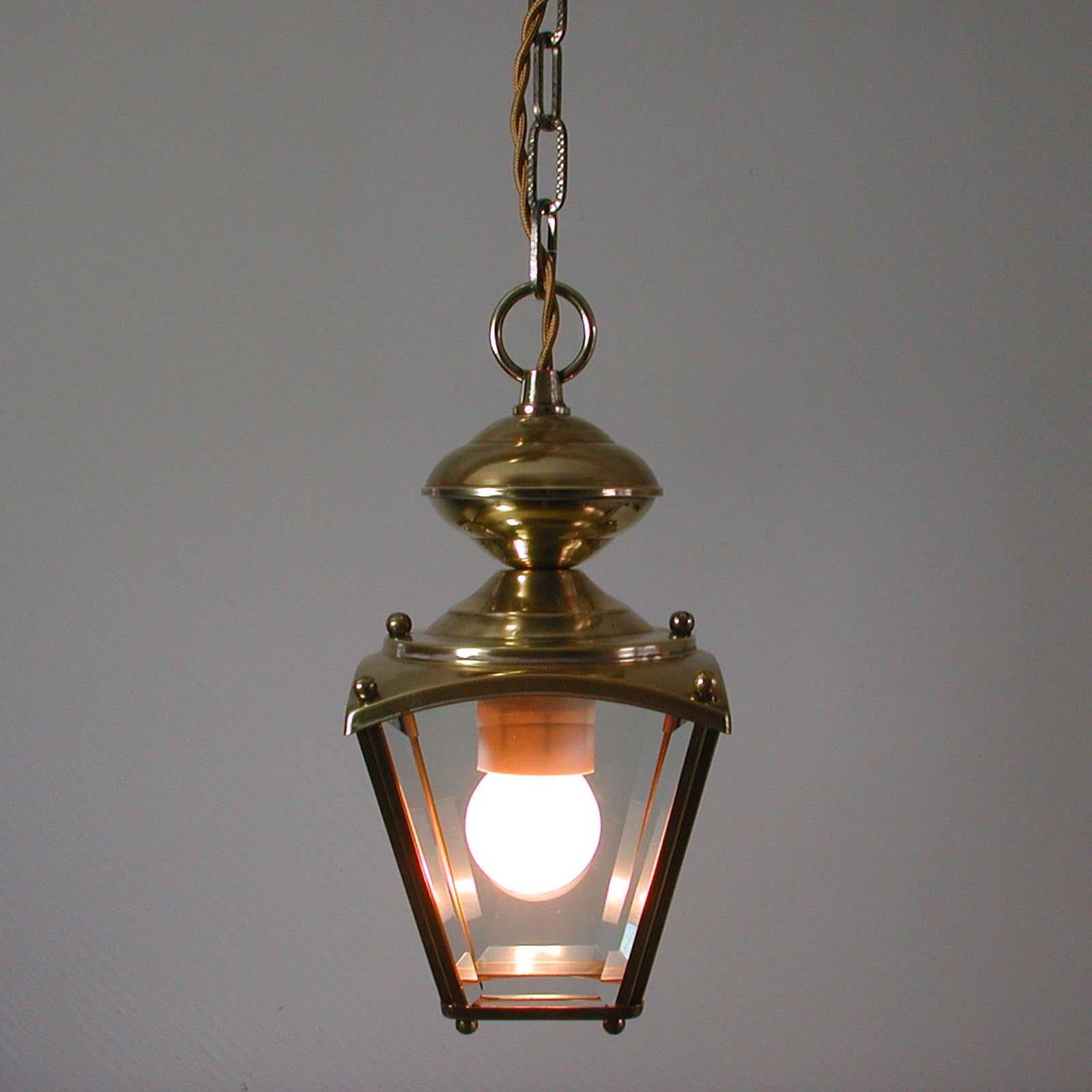 French Art Deco Brass and Bevelled Glass Lantern Pendant, Set of 2, 1930s 7