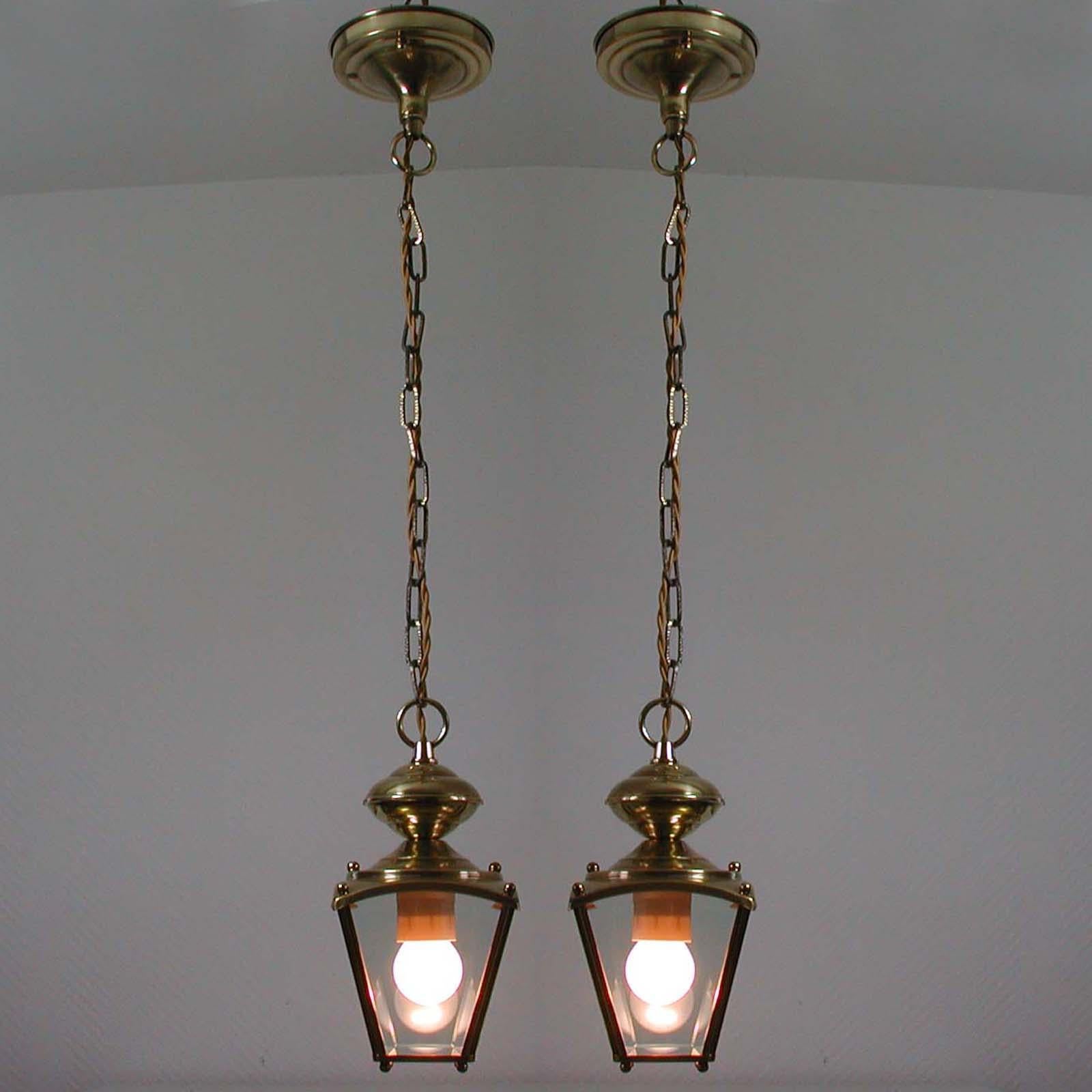 French Art Deco Brass and Bevelled Glass Lantern Pendant, Set of 2, 1930s 8