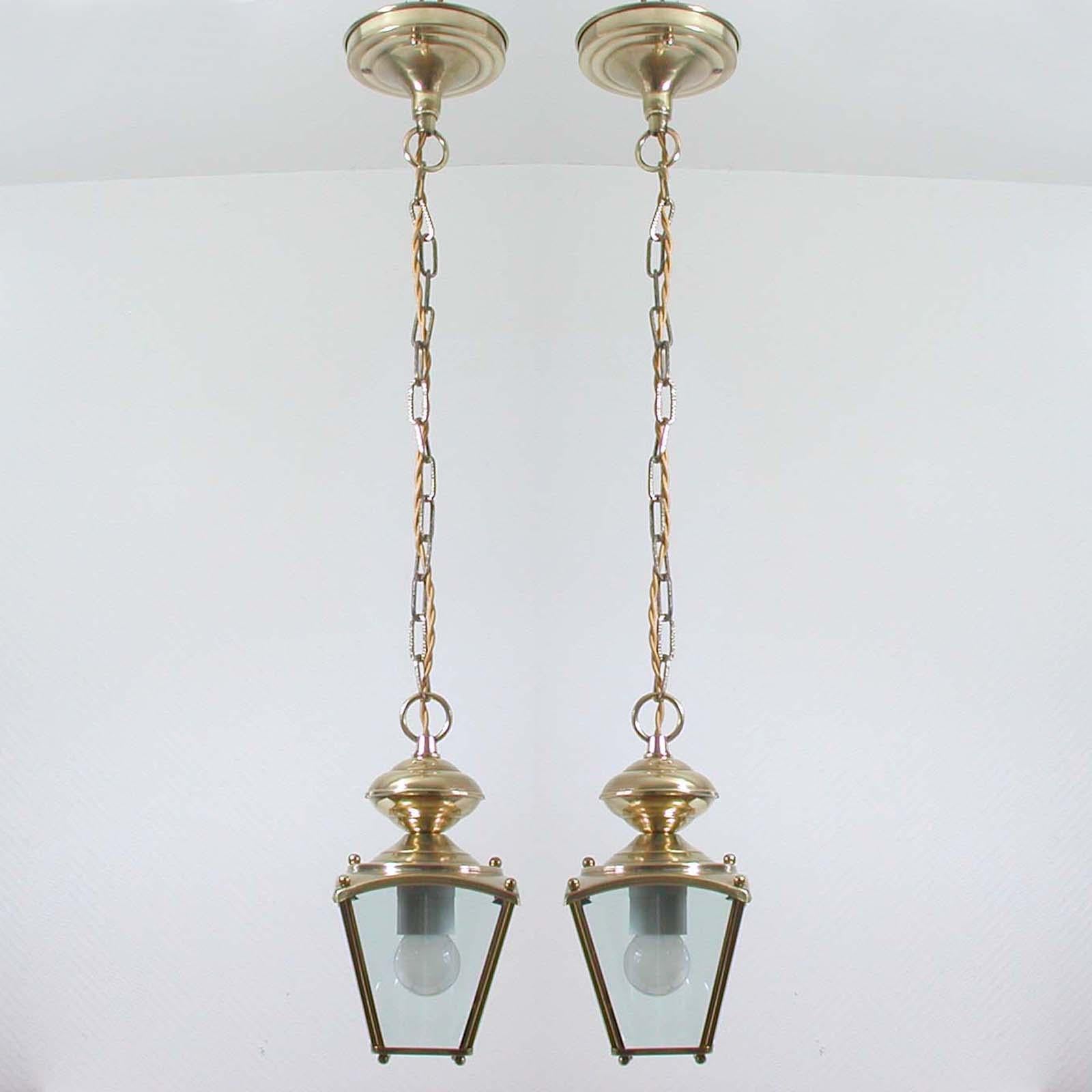 French Art Deco Brass and Bevelled Glass Lantern Pendant, Set of 2, 1930s 2