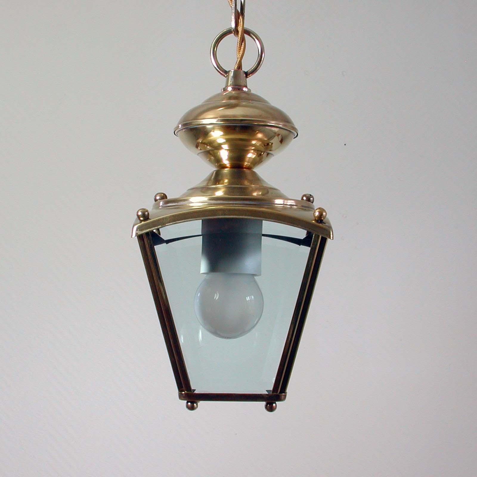 French Art Deco Brass and Bevelled Glass Lantern Pendant, Set of 2, 1930s 3