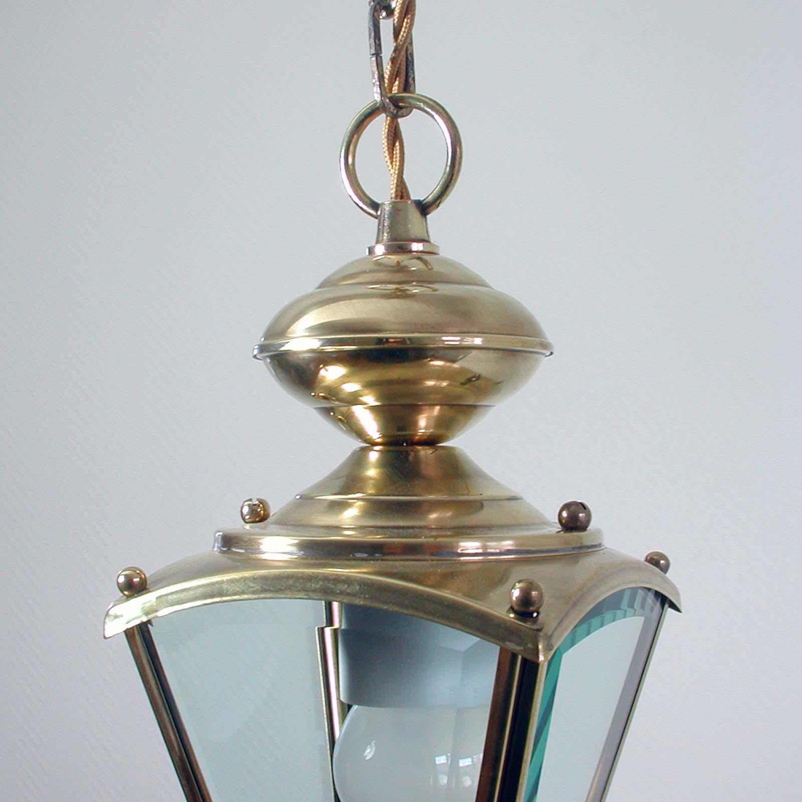 French Art Deco Brass and Bevelled Glass Lantern Pendant, Set of 2, 1930s 4