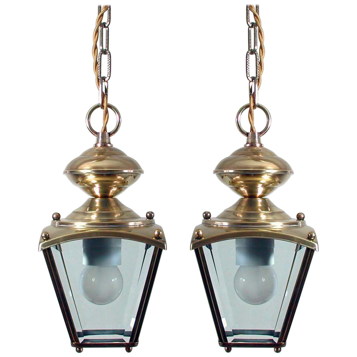 French Art Deco Brass and Bevelled Glass Lantern Pendant, Set of 2, 1930s