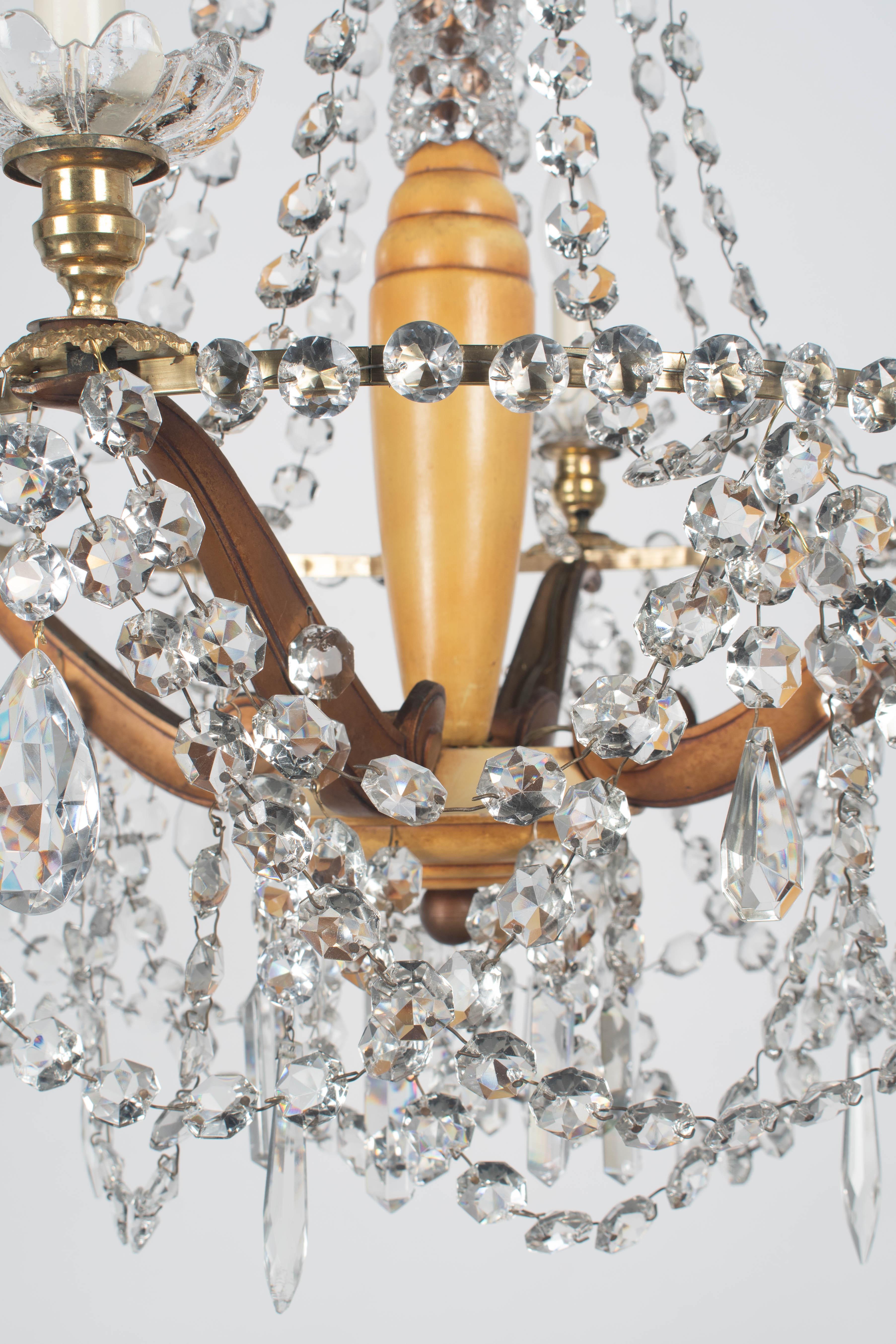 Lustre Art Déco français en laiton et cristal 4 lumières en vente 5