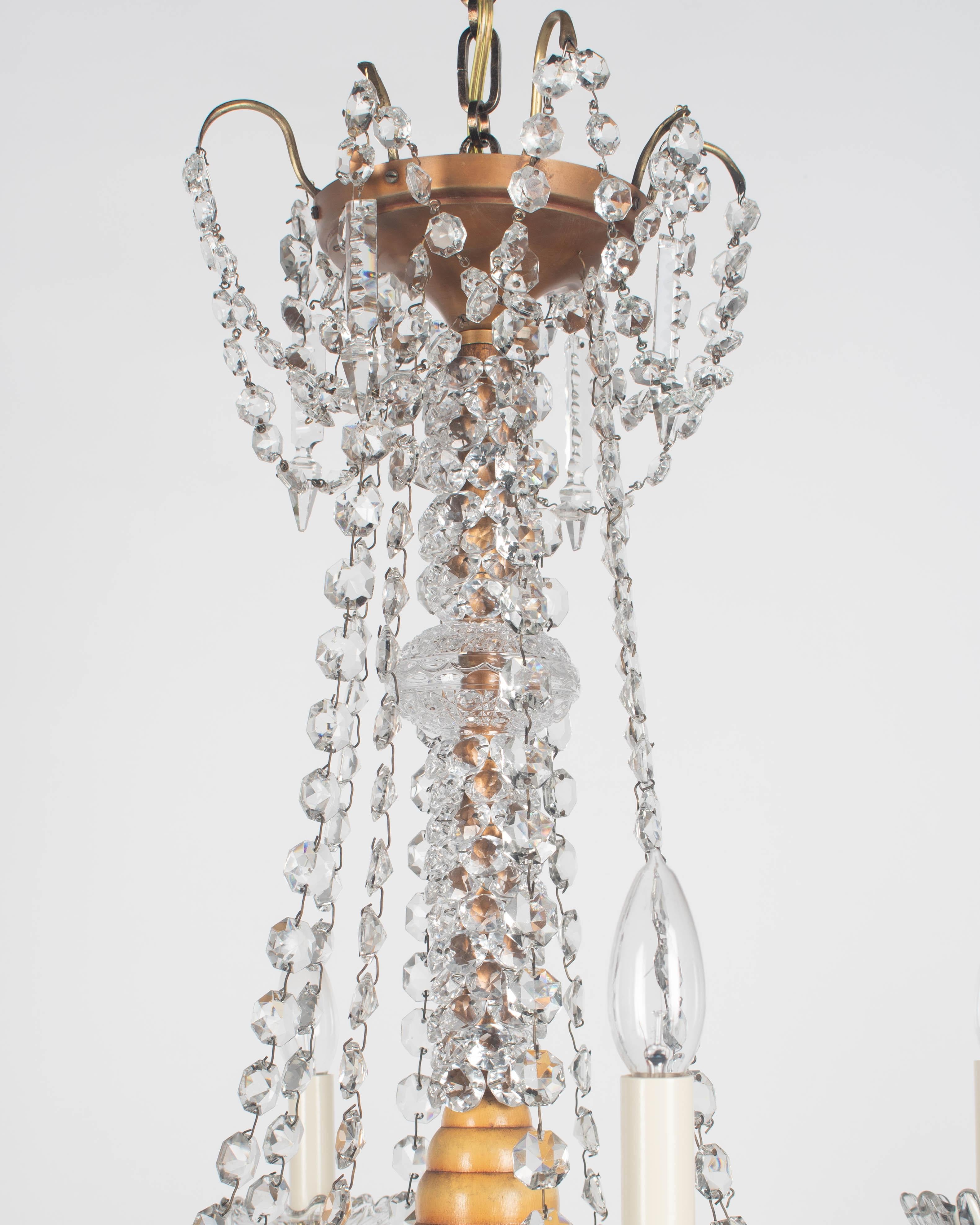 Lustre Art Déco français en laiton et cristal 4 lumières en vente 7