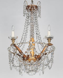 French Art Deco Brass and Crystal Chandelier 4 Lights