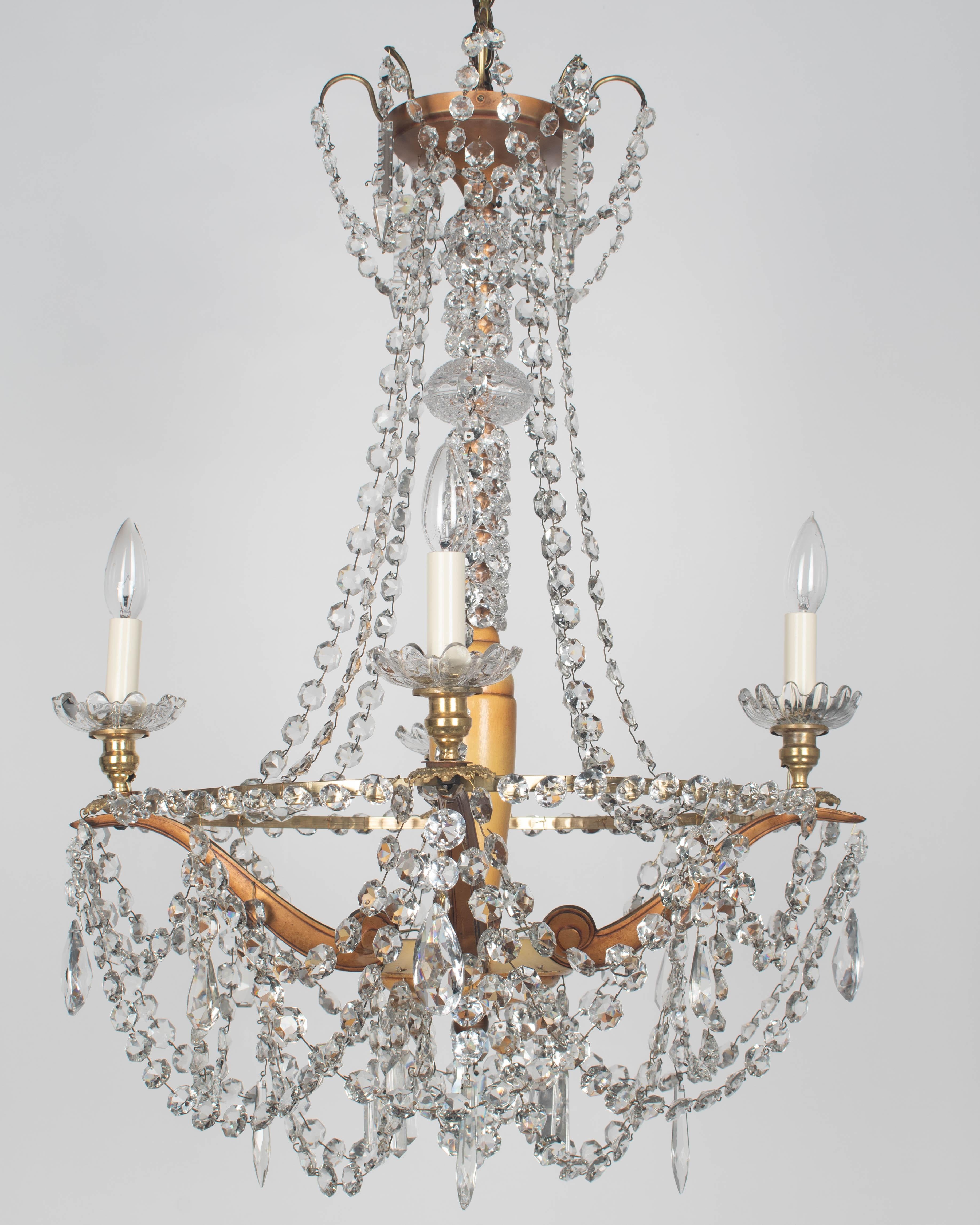 Lustre Art Déco français en laiton et cristal 4 lumières en vente 12