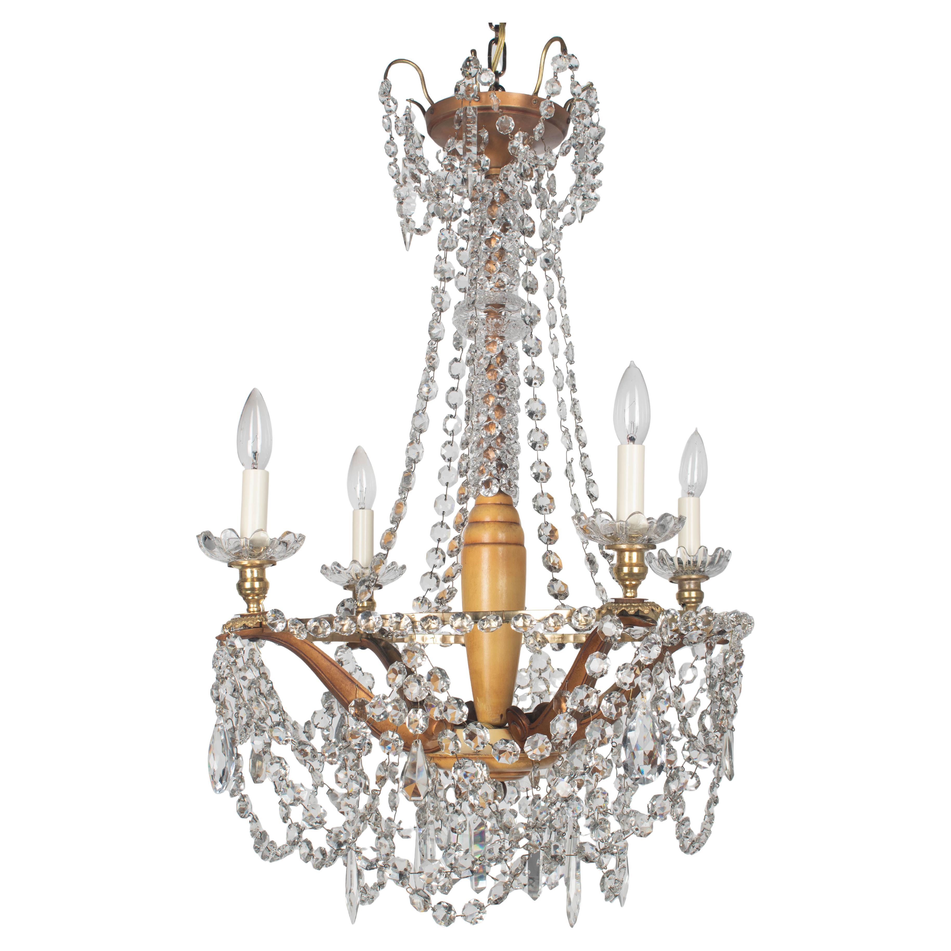 Lustre Art Déco français en laiton et cristal 4 lumières