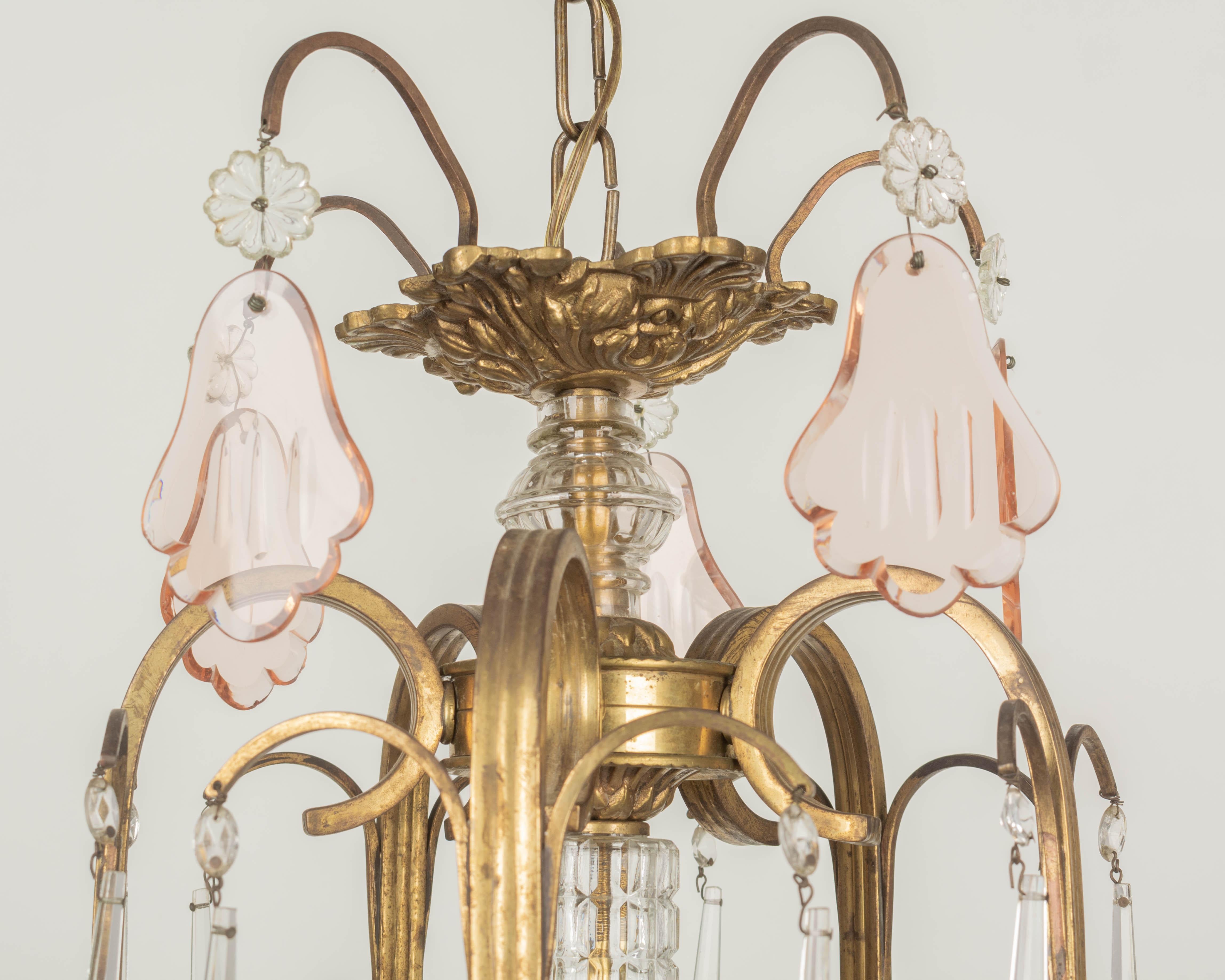 French Art Deco Brass and Crystal Chandelier For Sale 5