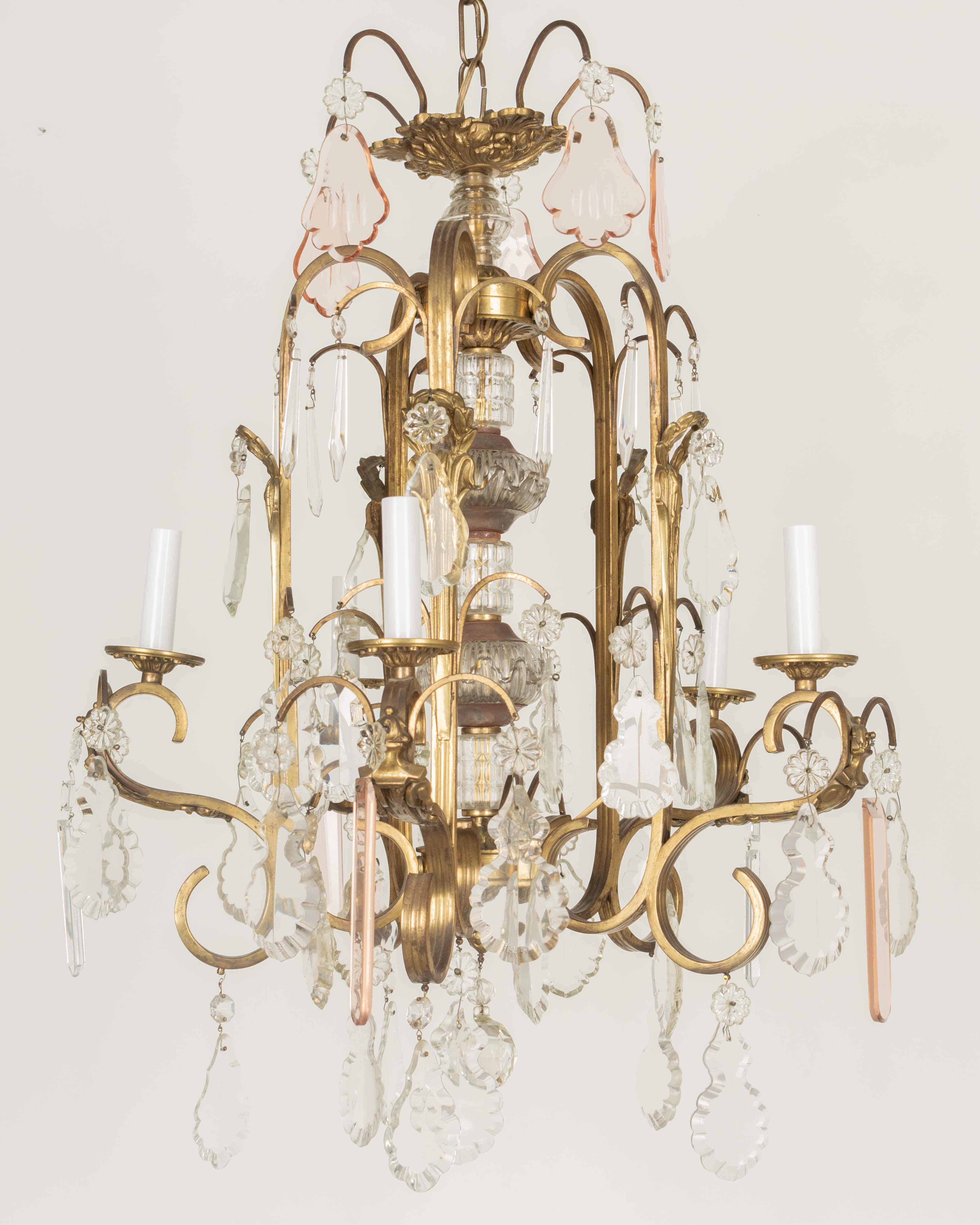 Cast French Art Deco Brass and Crystal Chandelier For Sale
