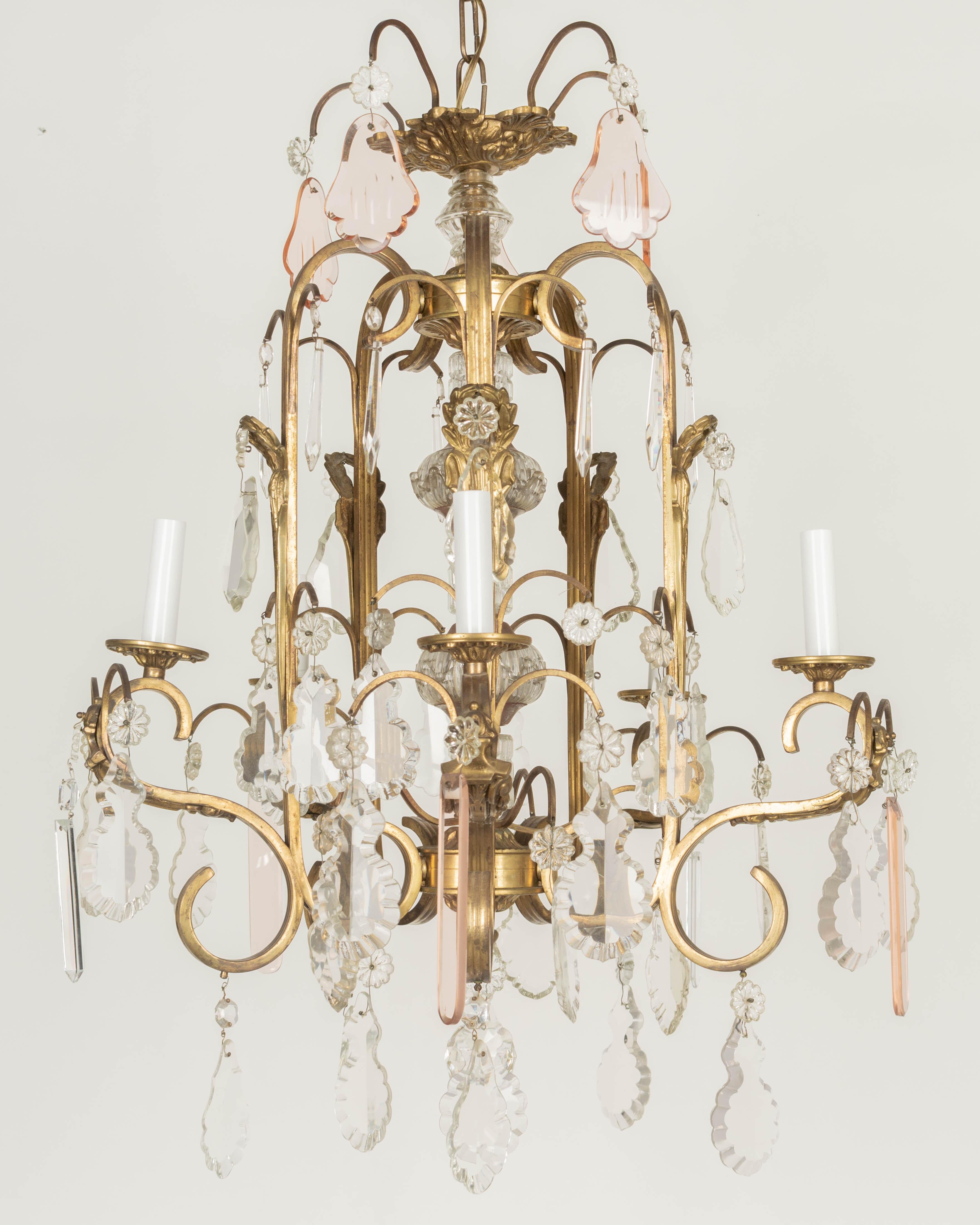 French Art Deco Brass and Crystal Chandelier In Good Condition For Sale In Winter Park, FL