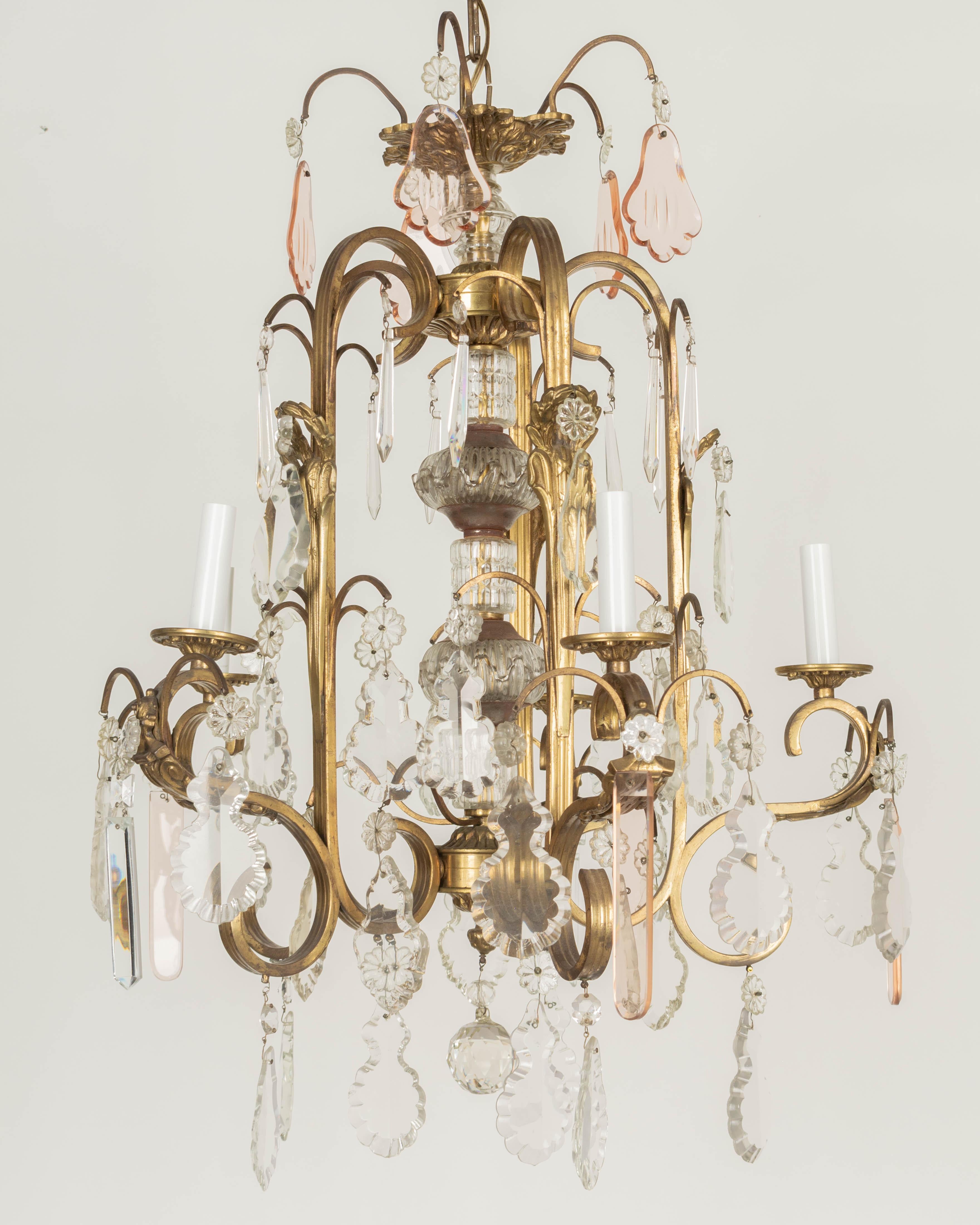 20th Century French Art Deco Brass and Crystal Chandelier For Sale