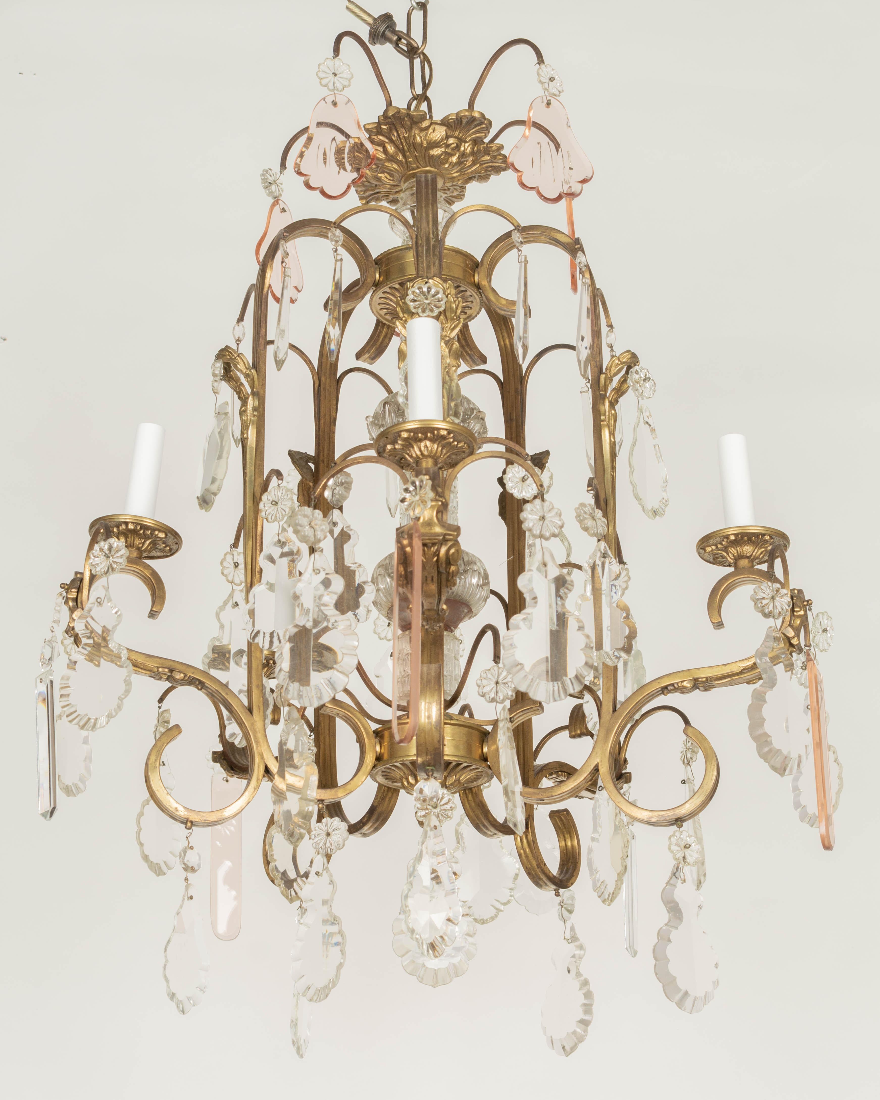 French Art Deco Brass and Crystal Chandelier For Sale 1