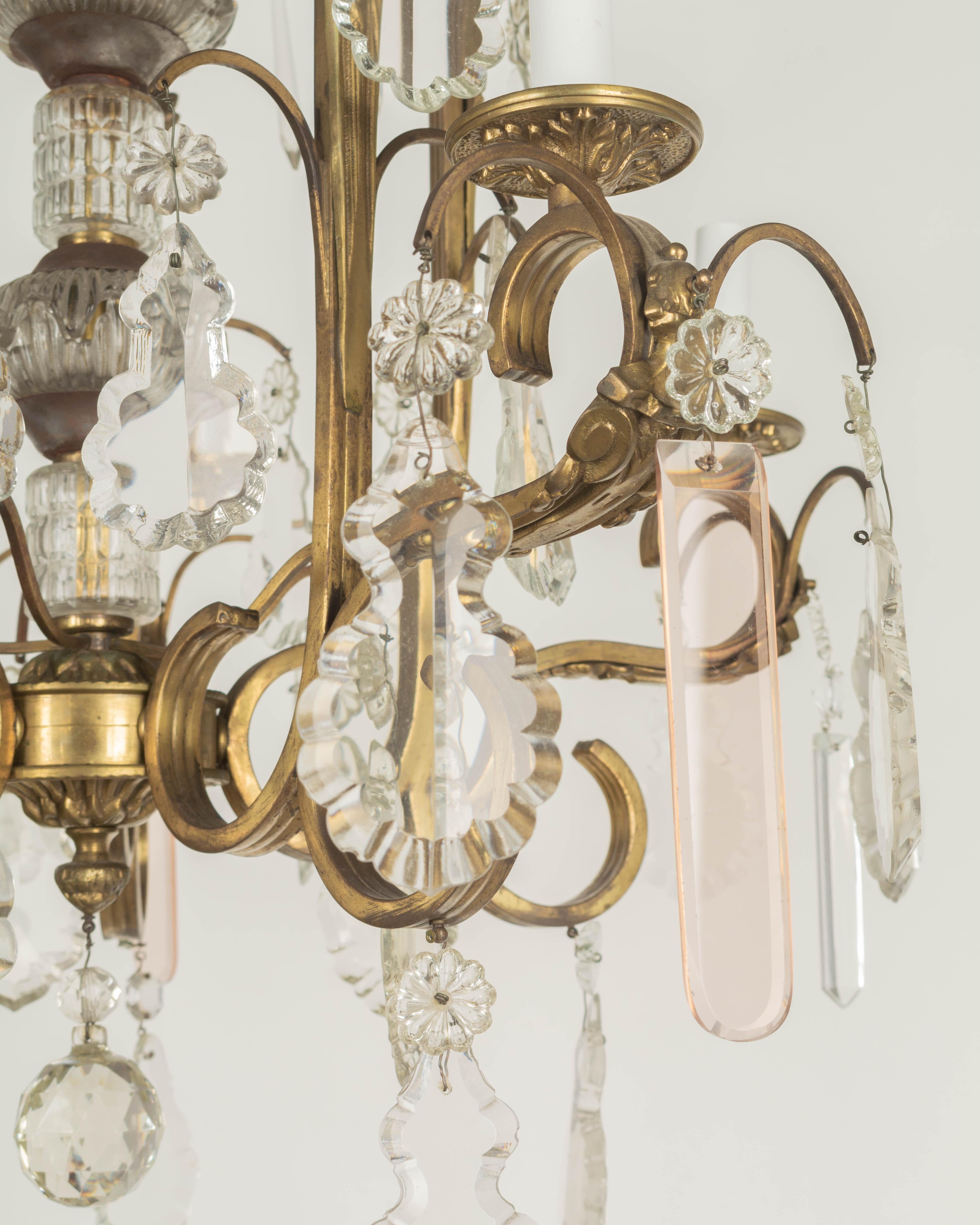 French Art Deco Brass and Crystal Chandelier For Sale 2