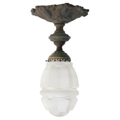 French Art Deco Brass and Frosted Cut Glass Flush Mount Ceiling Lamp